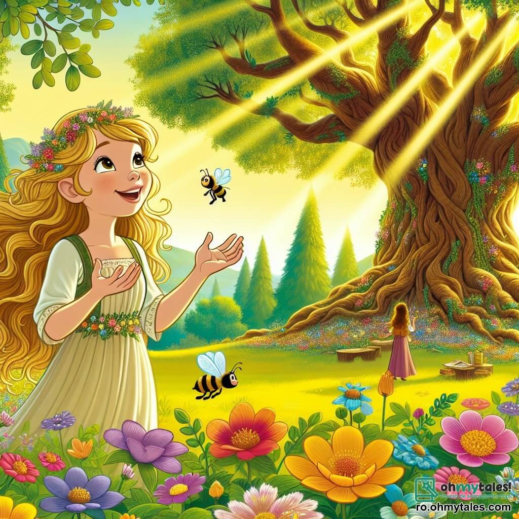 Elina, o tânără cu un chip blând și cu părul auriu care flutură ca razele soarelui, stă în centrul unei poieni luminoase, privirea ei uimită și zâmbetul radiant iluminându-i fața. Poartă o rochie ușoară, împodobită cu flori colorate, și își întinde brațele spre un grup de flori strălucitoare care înfloresc în jurul ei, ca și cum o ascultă. Aproape, un stejar bătrân și măreț, cu un trunchi larg și frunze verzi luxuriante, pare să-i șoptească secrete Elinei, rădăcinile lui fiind adânc înfipte în pământ. Lângă el, un grup de albine lucrează cu sârguință, zumzăind vesel, în timp ce o mică albină, mai curioasă decât celelalte, se apropie de Elina pentru a-i face cu ochiul. Locul este o poiană fermecată, scăldată în lumina aurie, înconjurată de copaci mari cu trunchiuri noduroase și flori multicolore care dansează în vânt. Razele soarelui străbat frunzișul, creând un joc de umbre și lumini pe sol. Situația principală o arată pe Elina, uimită, descoperind puterea noului ei dar, în timp ce comunică cu florile și albinele, încurajându-le să înflorească și să prospere, simbolizând astfel armonia dintre om și natură.