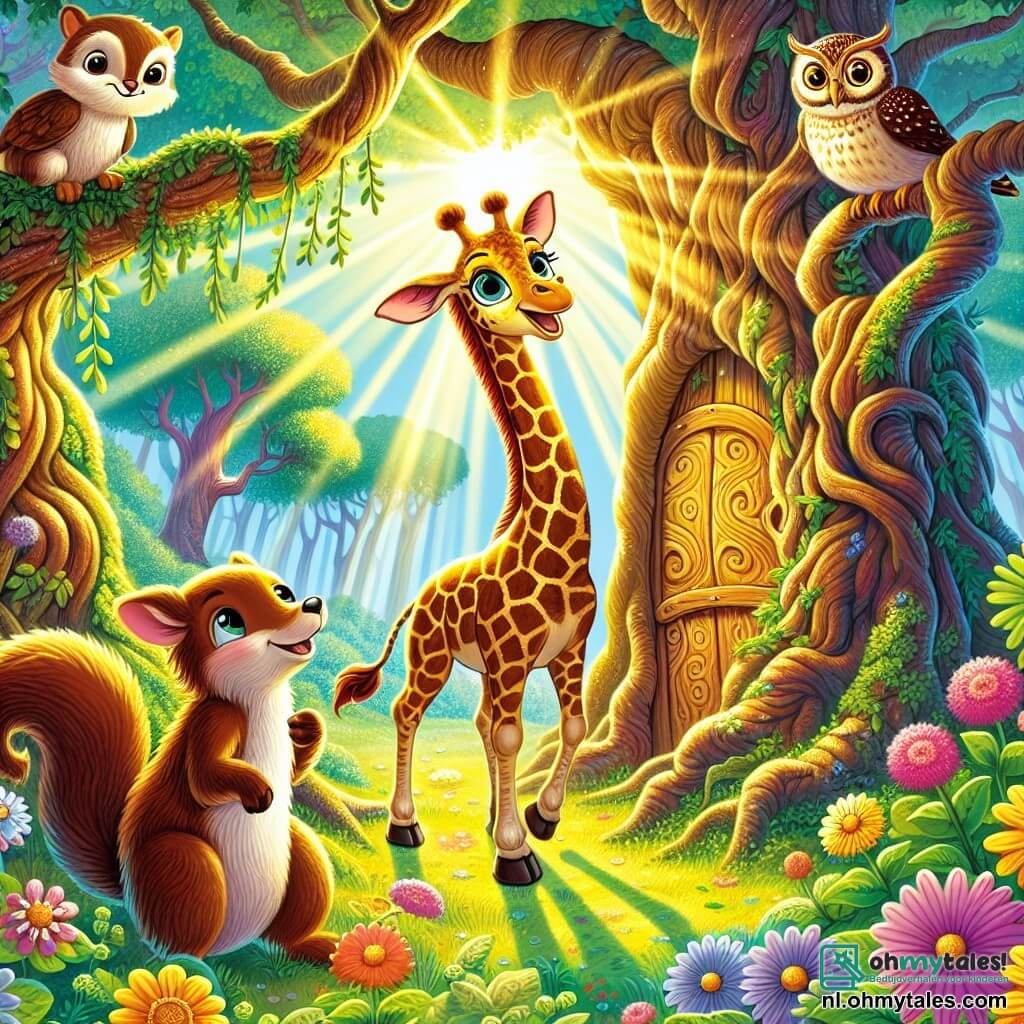 Een majestueuze giraffe, genaamd Gia, staat in het midden van het toneel, met een elegante lange nek en gouden vlekken die schitteren in de zon. Ze heeft een nieuwsgierige en blije blik, haar grote ogen stralen van opwinding terwijl ze het mysterieuze Regenboogbos verkent. Naast haar klimt een ondeugend klein eekhoorntje met een bruine vacht en sprankelende ogen op een lage tak, terwijl het Gia met een ondeugende glimlach observeert. Een wijze uil, met zachte veren en ronde ogen, zit op een hogere tak en kijkt aandachtig naar de scène. De locatie is een betoverd bos, vol met knoestige bomen en kleurrijke bloemen die dansen op de wind. Zonne-stralen filteren door het loof en creëren lichte patronen op de grond. De hoofdscène toont Gia, vol vastberadenheid, voor een mysterieuze deur in een grote eik, klaar om de weg naar geluk te ontdekken, terwijl haar vrienden haar aanmoedigen om de eerste stap in het avontuur te zetten.