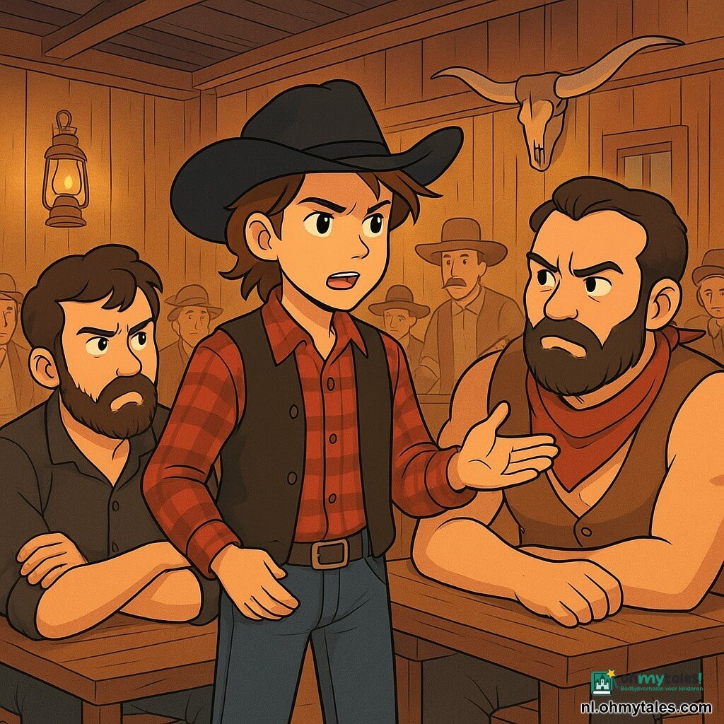 Een vijftienjarige cowboy, Jesse Reed, staat in het midden van de afbeelding met een vastberaden en moedige blik. Hij draagt een zwarte cowboyhoed, een rood geruit overhemd en een leren vest, terwijl zijn bruine haar lichtjes in de wind waait. Rechts van hem zit Colt McGraw, een man van rond de dertig met een ruige baard en een uitdagende blik, met gekruiste armen aan een houten tafel, terwijl hij Jesse nieuwsgierig observeert. Links van hem leunt Hank "De Havik" Harris, een gespierde man van ongeveer veertig met een rode bandana om zijn nek, naar voren, geïntrigeerd door Jesse's woorden. De achtergrond toont een typisch saloon uit het Wilde Westen, met verouderde houten muren, hangende lantaarns en eiken tafels. Op de achtergrond luisteren nieuwsgierige klanten, cowboys en dorpelingen aandachtig naar het gesprek. Jesse pleit met passie voor vrede, terwijl Colt en Hank lijken te aarzelen, met gezichten die een mix van uitdaging en reflectie tonen.