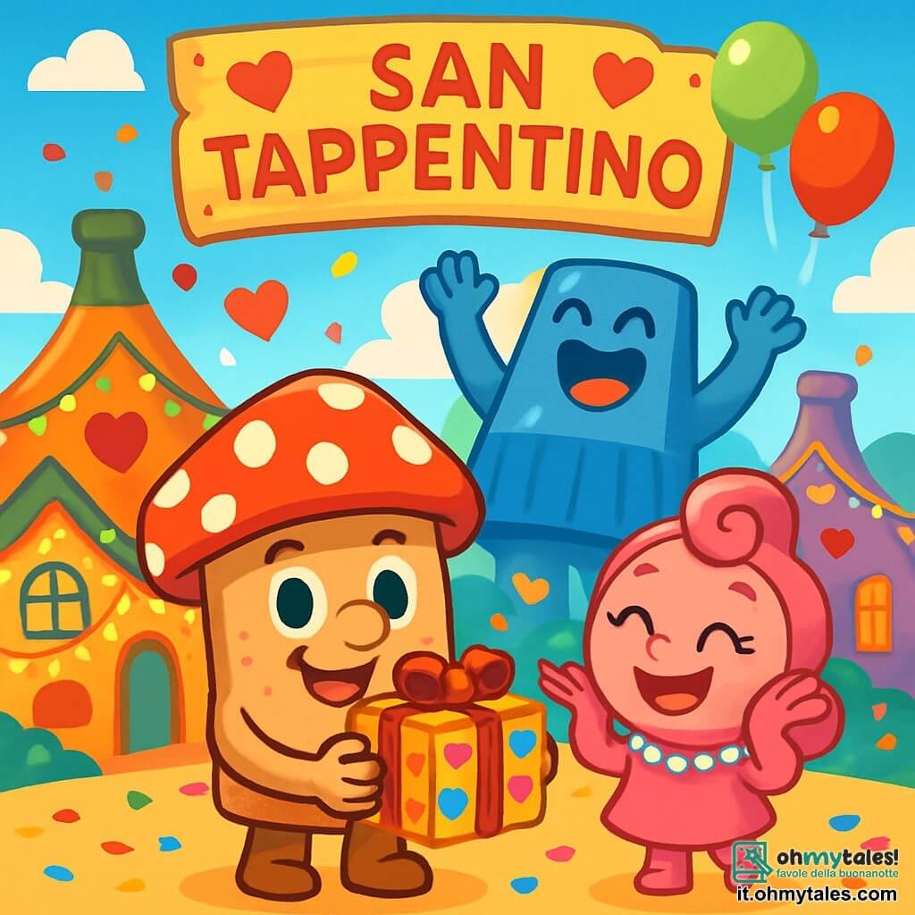 Tappino, un piccolo tappo di sughero con un cappello rosso a pois bianchi, sorride felicemente, gli occhi scintillanti di gioia. È in piedi al centro della scena, tenendo un bel pacchetto di cioccolatini decorato con cuori colorati. Alla sua destra, Tappetta, un tappo di plastica rosa con capelli a spirale, applaude con entusiasmo, il viso radioso di gioia. Indossa una collana di perle scintillanti e sembra pronta a ballare. Sullo sfondo, Tappo Gigante, un grande tappo di plastica blu, alza le braccia in aria, ridendo di cuore, circondato da palloncini colorati che fluttuano nel cielo. Il decor è un villaggio festivo, con case a forma di bottiglie adornate di luci e cuori di carta. I coriandoli volano nell'aria, e un grande cartello "Buon San Tappentino" brilla sopra di loro. La scena mostra Tappino e i suoi amici che condividono cioccolatini e festeggiano insieme, circondati da risate e colori vivaci, illustrando la magia dell'amicizia e della festa di San Valentino.