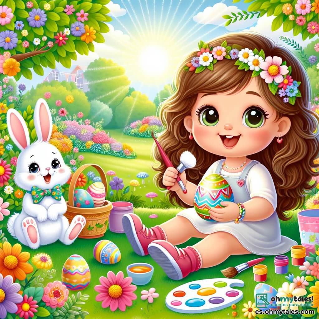 Una niña de 2 años, con grandes ojos brillantes y cabello rizado castaño, está sentada en un jardín colorido, rodeada de flores vibrantes. Sonríe con asombro, sosteniendo un pincel en una mano y un huevo de Pascua blanco en la otra, lista para decorarlo. Junto a ella, un pequeño conejo de Pascua, con pelaje suave y blanco, lleva un pequeño moño colorido y mira a la niña con una sonrisa amistosa. El jardín está lleno de flores multicolores, árboles verdes y rayos de sol que filtran a través de las hojas, creando una atmósfera alegre y festiva. La niña y el conejo pintan juntos huevos de Pascua, llenos de colores vivos y patrones divertidos, mientras ríen y se divierten en este hermoso día primaveral.