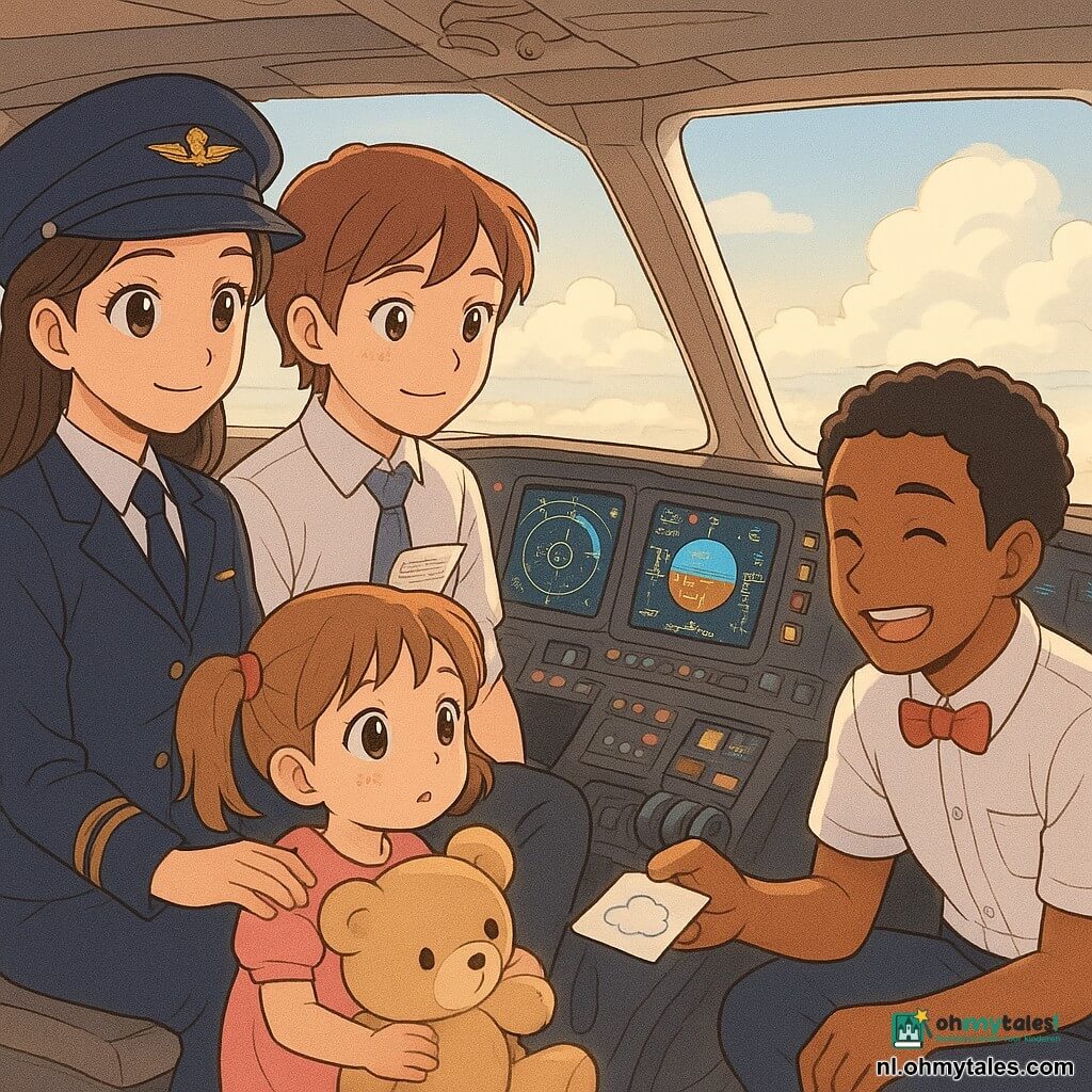 Vrouwelijke piloot, ~30 jaar, zacht gezicht, heldere ogen, nette donkerblauwe uniform met pet; zittend in de cockpit, handen rustig aan de stuurknuppel, geruststellende glimlach. Meisje Mila, ~5 jaar, lichtbruin haar in staartjes, roze kleding, houdt groot beige knuffelbeertje; zittend bij het raam in de passagierscabine, bewonderende maar iets bezorgde blik, hand tegen het raam. Steward Sam, ~25–30 jaar, vriendelijk gezicht, witte blouse met klein scheef strikje; gehurkt naast Mila, lacht naar haar en geeft een kaartje met een wolkje. Co-pilote, vrouw ~28–32 jaar, kort haar met sproeten, naast de piloot, controleert schermen en leest checklist, geconcentreerd en rustig. Moderne warme cockpit met grote verlichte schermen, kleurrijke knoppen en zachte oranje zonsonderganglicht; raam toont dikke witte wolken en lichtblauwe lucht, kleine huizen onderaan. Hoofdsituatie: begin van de vlucht/lichte turbulentie wordt kalm, piloot stelt het kind gerust met een zachte houding en glimlach, steward ondersteunt haar; sfeer van veiligheid en tederheid, zachte lijnen, pasteltinten, eenvoudige expressieve manga-stijl voor jonge kinderen.