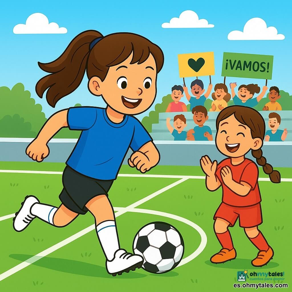 Luna, una niña de 10 años, está en el centro de la imagen, sonriendo y llena de energía, con el cabello castaño recogido en una alta cola de caballo. Lleva una camiseta azul brillante, un pantalón corto negro y zapatillas de fútbol blancas, lista para driblar el balón. A su lado, Mara, otra niña de 10 años con trenzas, aplaude con entusiasmo, vestida con una camiseta roja. Al fondo, el campo de fútbol es verde, con líneas blancas bien marcadas y espectadores alegres en las gradas, sosteniendo pancartas. La escena muestra a Luna pasando el balón a Mara, capturando un momento de camaradería y competencia amistosa. El cielo es azul con algunas nubes blancas, añadiendo un toque de ligereza a la atmósfera alegre del partido.