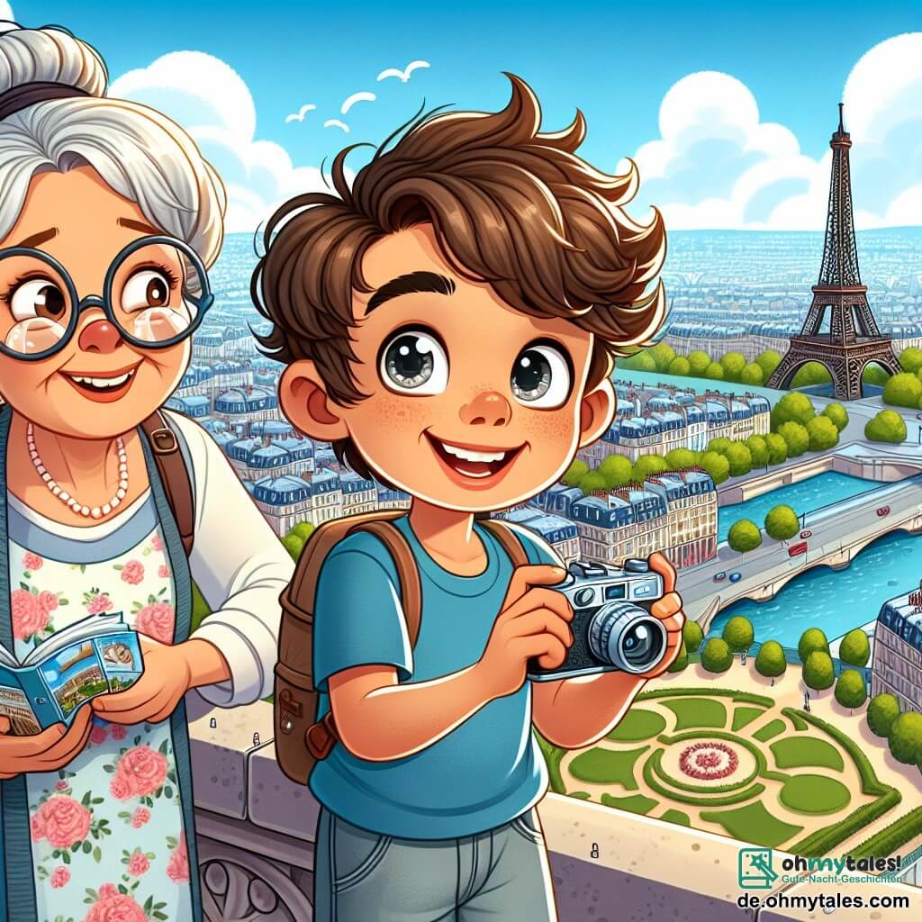 Ein 12-jähriger Junge, Max, mit zerzausten braunen Haaren und neugierigen Augen steht auf dem berühmten Eiffelturm in Paris. Er trägt ein blaues T-Shirt und Shorts, hält eine kleine Kamera in den Händen, sein Gesicht strahlt Freude und Staunen aus, während er die Panoramaansicht der Stadt bewundert. Neben ihm steht seine Großmutter, eine ältere Frau mit grauen Haaren im Dutt und runden Brillen, die stolz auf ihren Enkel schaut. Sie trägt ein leichtes Blumenkleid und hält einen Reiseführer. Im Hintergrund ist der Himmel strahlend blau, mit einigen weißen Wolken, und man sieht die Pariser Dächer, Gärten und die Seine, die sich durch die Stadt schlängelt. Die Hauptsituation zeigt Max, der von der Schönheit von Paris begeistert ist und bereit ist, diesen magischen Moment mit seiner Kamera festzuhalten, während seine Großmutter ihn mit einem liebevollen Blick ermutigt.