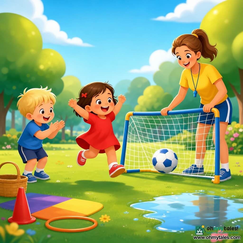 A joyful 2-year-old girl with short brown hair and rosy cheeks in a red dress and red shoes kicks a white-and-blue soft ball into a small net; nearby, 3-year-old blond boy Ben claps and leans forward to her left, and a female coach in her 30s with tied hair, fair skin, a yellow t‑shirt and blue shorts stands behind the net holding it proudly. They are on a sunny park lawn with round trees, a shiny puddle, a colorful mat, an orange hoop and a wicker basket by a red cone; bright colors, simple shapes, soft outlines, smooth gradients, centered composition on the girl and the net.