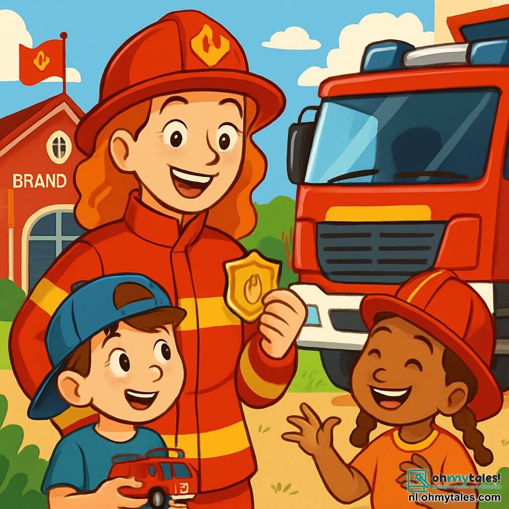 Een brandweervrouw, Mare, met stralend rood haar en een grote warme glimlach, draagt een glanzend rood uniform en een pet. Ze staat trots naast een grote glanzende brandweerwagen en toont een badge aan twee kinderen. Finn, een jongen van ongeveer 8 jaar met sprankelende ogen en een scheve pet, kijkt bewonderend naar Mare terwijl hij een klein brandweervoertuigje in zijn handen houdt. Lotte, een meisje van 6 jaar met vlechten en een stralende glimlach, draagt een mini-brandweerpet en imiteert Mare's gebaren. De scène speelt zich af voor een felrode brandweerkazerne, omringd door groen, met wapperende vlaggen en speeltoestellen voor kinderen op de achtergrond. Mare legt enthousiast haar werk als brandweervrouw uit aan de kinderen, die geboeid zijn door haar verhalen over avonturen en reddingen, wat een vrolijke en inspirerende sfeer creëert.