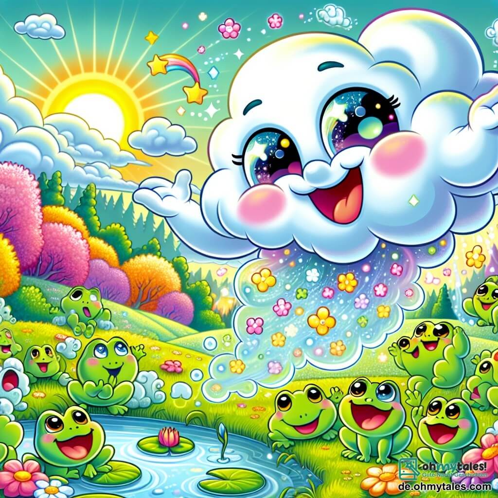 Ein kleiner Wolkengeist namens Nubi, mit einem wolkigen Körper und funkelnden Augen voller Freude, schwebt in der Luft, mit einem breiten Lächeln im Gesicht, während er bunte Wolken erschafft, um den Frühling zu feiern. Neben ihm springt eine Gruppe von Fröschen mit leuchtenden Augen und strahlend grüner Haut fröhlich um einen Teich und singt frühlingshafte Melodien, ihre Gesichter strahlen vor Glück. Im Hintergrund entfaltet sich eine bezaubernde Landschaft: grüne Wiesen, übersät mit leuchtenden Blumen, blühende Bäume mit bunten Zweigen und ein hellblauer Himmel, durchzogen von flauschigen weißen Wolken. Die Szene fängt die Aufregung und Magie des Frühlings ein, während Nubi und seine Freunde gemeinsam die Schönheit der wiedererwachenden Natur feiern.