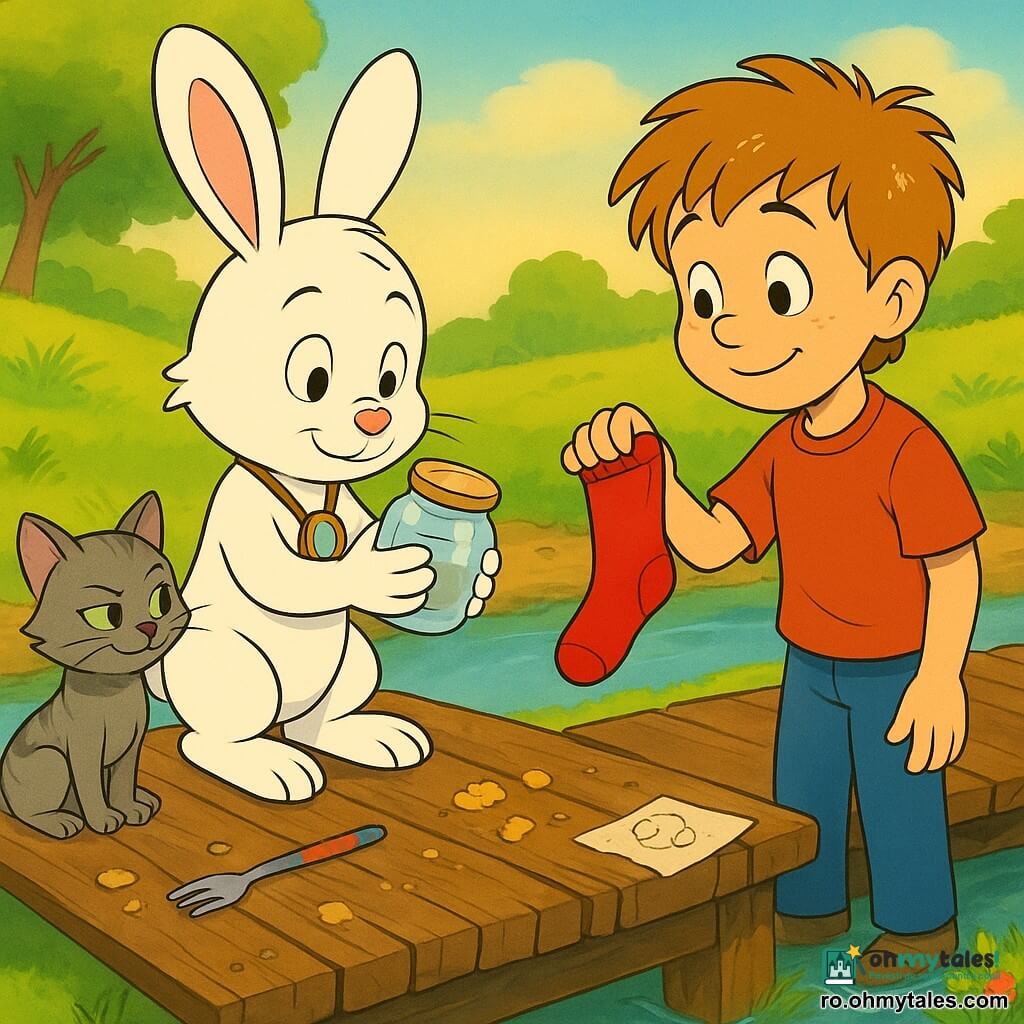 Pufi, un iepure alb antropomorf cu urechi lungi și lupă la gât, curios și calm, privește un mic borcănel strălucitor pe care îl ține cu delicatețe; Mihai, un băiat de circa 8 ani cu părul ciufulit presărat cu făină, zâmbet timid, ține o șosetă roșie și stă lângă marginea podului; o pisicuță gri, jucăușă, stă pe o scândură la stânga, privind borcanul; podul de lemn e îngust și vechi, sub el curge un pârâu limpede cu mentă și flori sălbatice; pe pod sunt firimituri, o mică furculiță colorată și o notă șifonată cu cercuri; lumină caldă de dimineață, compoziție centrată, culori saturate, contururi clare, atmosferă liniștitoare și curioasă.