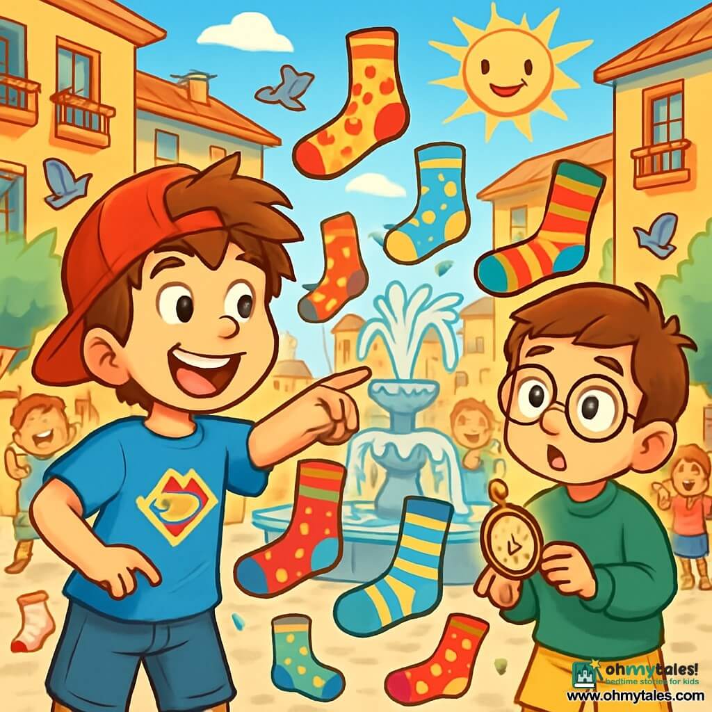 There are two main characters: Max, a 10-year-old boy with messy brown hair and a big smile, wearing a red cap backwards and a blue t-shirt with a superhero design, pointing at a group of colorful socks dancing around him. Leo, also 10, has brown hair and round glasses slipping down his nose, dressed in a green sweater and yellow shorts, stands beside Max, wide-eyed in wonder, holding an old compass that shines in the sun. The scene takes place in a lively square surrounded by colorful buildings with wooden windows and flowered balconies. In the center, a fountain spouts crystal-clear water, while socks of all colors joyfully dance around, creating a festive atmosphere. Children laugh and applaud as pigeons fly around them. The main situation shows Max and Leo in the midst of the sock parade, with dancing socks swirling around them, creating a joyful and whimsical spectacle, adorned with fun patterns like stars, stripes, and polka dots, under a bright blue sky.