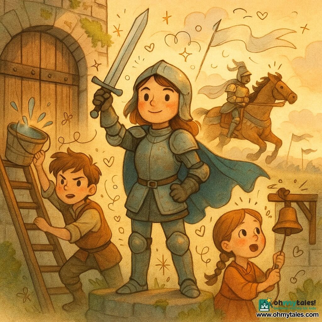 A young female knight stands center, proud and serene with a determined face and soft smile, wearing slightly worn silver armor and a flowing blue cape, holding her sword aloft to protect the village; to the left Percival, a ~14-year-old squire with brown hair, pushes a large bucket up a ladder to make the climb slippery; to the right Molly, about 8, with braided hair, rings a small wooden bell by the village gate; in the background Sir Rowan, a ~35-year-old knight on a powerful galloping horse in gleaming golden armor with a white banner, charges toward the gate; setting: massive wooden gate and grey stone walls with moss, ladders, light smoke and a blurred enemy camp with dark flags on the horizon; situation: a tense heroic moment at sunrise with warm morning light, clear silhouettes and cheerful doodles of stars and hearts around the characters.