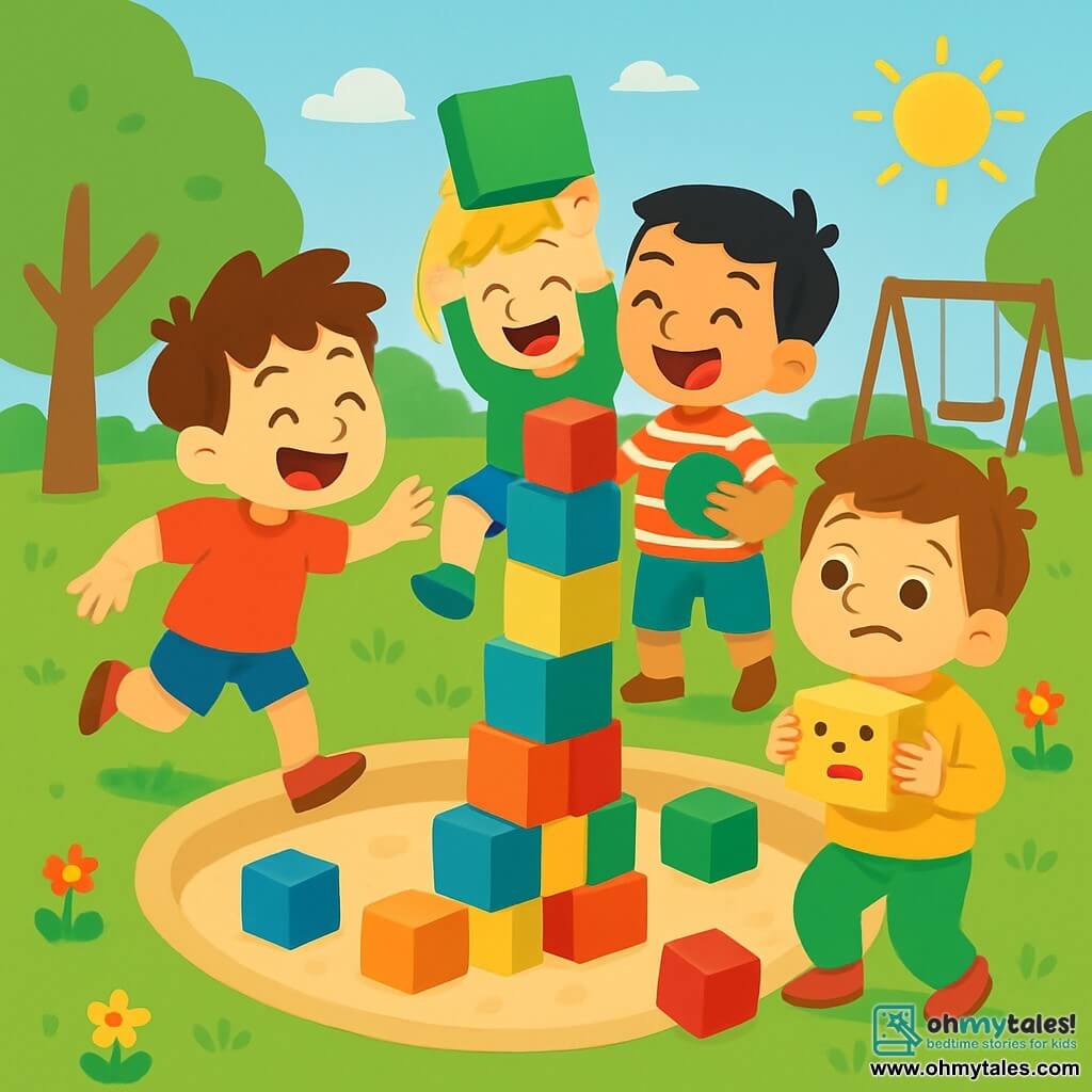 There are 4 children: Tommy, a nearly 4-year-old boy with messy brown hair and a red t-shirt, is running excitedly around the block tower. Max, also nearly 4, has blonde hair and is wearing blue shorts, joyfully jumping while holding a green block above his head. Sam, with black hair and a striped t-shirt, is smiling and singing with colorful blocks in his hands. Ben, with brown hair and a yellow sweatshirt, is making a funny face while holding a block that looks like a face. The setting is a sunny park with green trees and colorful flowers, featuring a large sandbox and swings in the background, with soft green grass underfoot. The main scene shows the four friends building a tall, unstable tower of colorful blocks, laughing together and ready to knock it down, surrounded by blocks of all colors, creating a joyful and fun atmosphere.