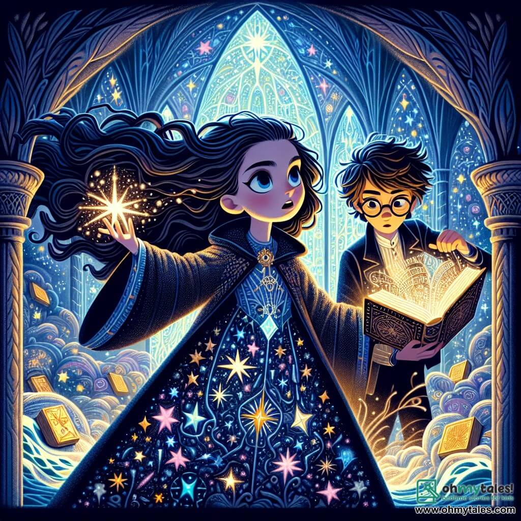 A 12-year-old girl, Mira, stands in the center of a beautiful sanctuary room, her eyes shining with curiosity and wonder. She has long, wavy, deep black hair and wears a midnight blue cloak adorned with shimmering star patterns. In her hand, she holds a glowing sphere pulsing with energy, casting a soft, warm light on her face. Beside her, a 12-year-old boy, Lio, leans over an ancient floating book, his messy brown hair and glasses slipping down his nose. He looks at Mira with admiration, wide-eyed, as he points to a page filled with mysterious symbols. The sanctuary is an enchanting place with glass and living stone walls, where waterfalls rise to the sky and luminescent flowers grow among the circuits. Runes glow on the surfaces, creating a magical and vibrant atmosphere. The main scene shows Mira and Lio united in a moment of discovery as they attempt to restore balance to a large pulsing engine at the center of the room, surrounded by glowing cracks threatening to break. The energy in the air is palpable, and the light from Mira's sphere illuminates their path toward harmony between science and magic.