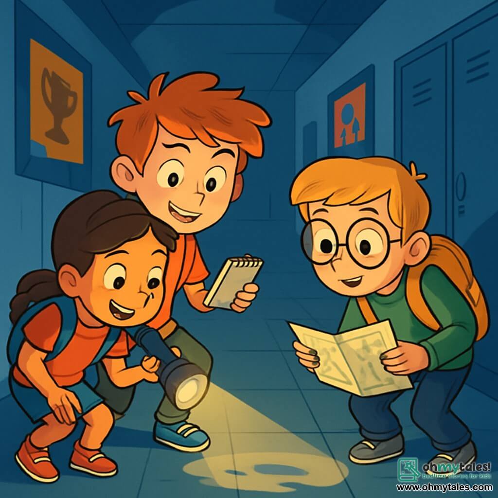 A 10-year-old boy, Charlie, with tousled hair and curious, bright eyes, holds a flashlight in one hand and a notebook in the other, displaying a determined and excited expression. Next to him, Maya, a 9-year-old girl with braided brown hair and a mischievous smile, looks around with sparkling eyes full of enthusiasm. Sam, a 10-year-old boy with round glasses and blond hair, leans forward, intrigued, holding a school map. The scene takes place in the dark, mysterious school hallway, with pale blue walls, metal lockers, and colorful posters, creating a familiar yet unsettling atmosphere. Shadows dance on the floor as a soft light emanates from Charlie's flashlight. The three friends, in investigator mode, carefully scan the floor for clues, their faces illuminated by the light, ready to solve the mystery of the missing trophy.