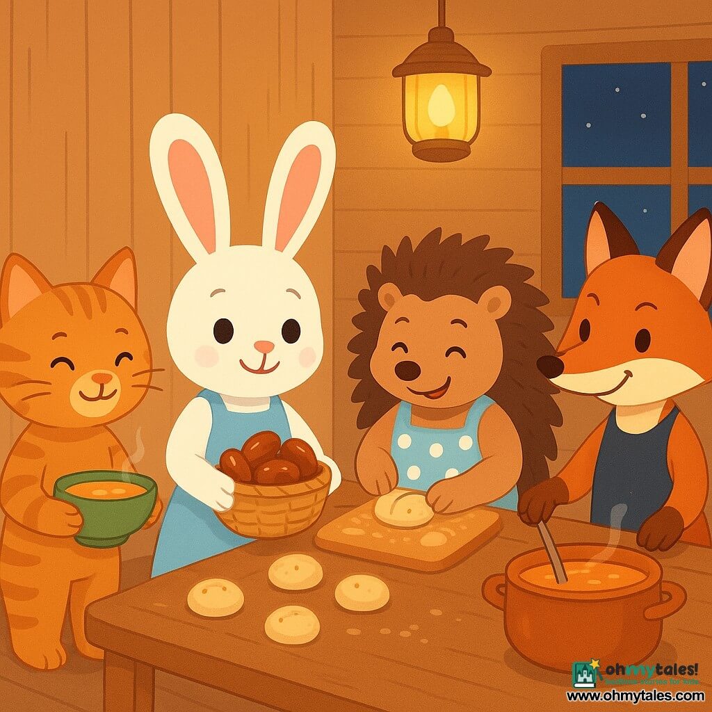 Mina is a small white rabbit with large pink ears, a gentle face and bright round eyes, smiling softly while holding a small wicker basket of shiny dates beside a wooden table; Omar is a round friendly hedgehog in a polka-dot apron with an amused squint, standing behind the table shaping rolling buns on a tray; Laila is an elegant tabby cat with a smiling muzzle and proud posture arriving from the left carrying a bowl of steaming soup and watching warmly; Farid is a slim friendly red fox with a mischievous grin holding a spoon on the right ready to set down the soup pot; the central basket shows three dates playfully nudging a rolling bun toward the table; the small warm kitchen has light wooden walls, large windows revealing a deep twilight sky, a hanging lantern casting soft golden light and flour crumbs on the table; the scene captures a shared iftar with friends laughing and helping each other around a low table, food arranged in a circle, calm joyful atmosphere, warm colors, clear contrasts and simple rounded child-friendly silhouettes.