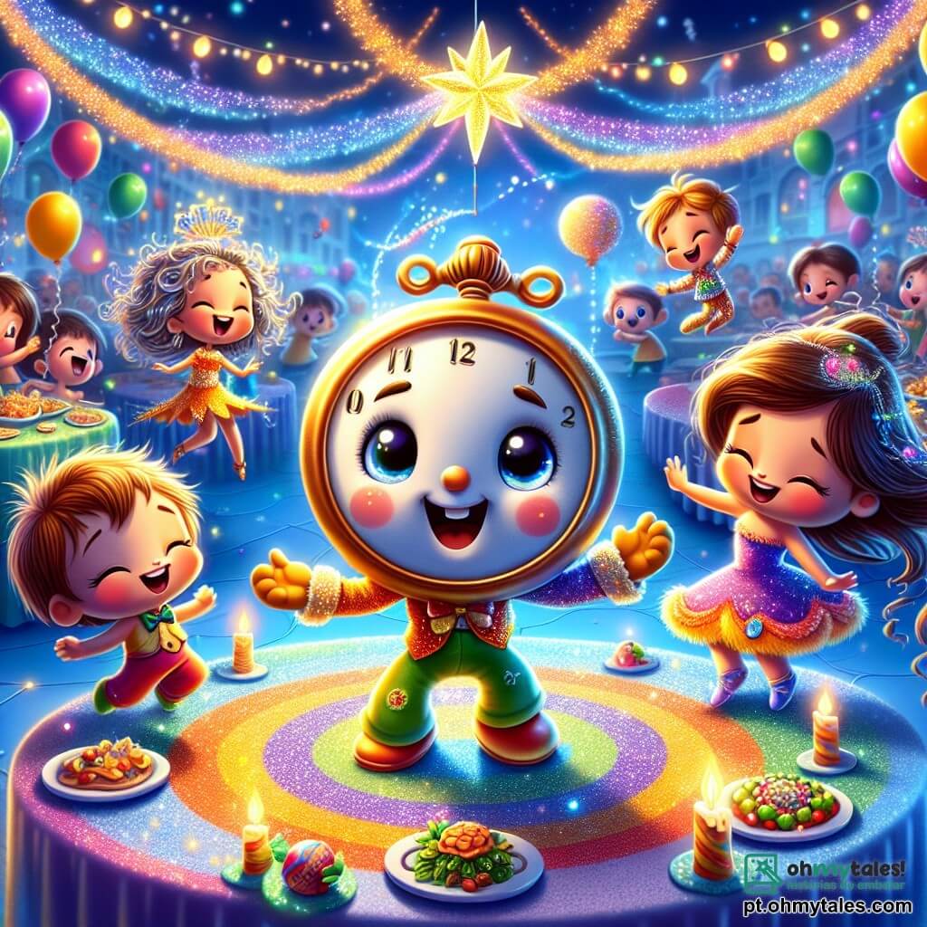 No centro da imagem, Tic, um pequeno relógio animado com braços e pernas, tem um rosto alegre e olhos brilhantes. Suas agulhas brilham sob as luzes coloridas da festa, e ele dança entusiasticamente, com seus sinos tilintando alegremente. À sua direita, Estela, uma estrela cadente com uma cauda cintilante, sorri benevolentemente, flutuando no ar e incentivando Tic a dançar. À esquerda, Luna, uma dançarina em vestido colorido, ri enquanto executa movimentos graciosos, seus cabelos flutuando ao seu redor. O cenário é uma praça animada, decorada com guirlandas luminosas e balões coloridos flutuando no céu noturno. Mesas estão montadas com iguarias deliciosas, e crianças riem e dançam ao redor, criando uma atmosfera vibrante de festa. A cena principal mostra Tic e seus amigos dançando juntos, cercados por luzes cintilantes e risos, celebrando a magia do Ano Novo com votos e sonhos que se elevam ao céu.