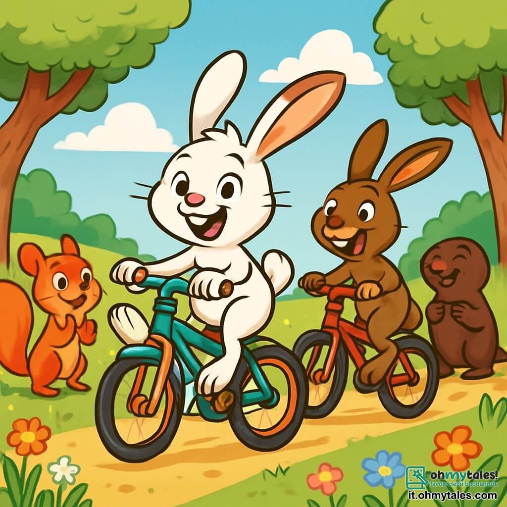 Tobia, un giovane coniglio dal pelo bianco e morbido, con grandi orecchie ritte, mostra un sorriso radioso e occhi scintillanti di eccitazione mentre pedala sulla sua bicicletta colorata, le zampe in aria, in una corsa sfrenata. Accanto a lui, Leo, una lepre agile con pelo marrone e occhi maliziosi, ride di gusto mentre gli lancia uno sguardo incoraggiante, con le zampe posteriori saldamente posate sulla sua bici. Sara, una piccola scoiattolo dai peli rossi e occhi vivaci, si tiene un po' indietro, applaudendo con entusiasmo, mentre Marta, una talpa dal pelo marrone scuro, li osserva con un sorriso orgoglioso, pronta a unirsi a loro. Lo scenario è un magnifico campo verde, punteggiato di fiori colorati e grandi alberi con foglie brillanti, sotto un cielo azzurro punteggiato di nuvole bianche e soffici. La scena rappresenta la grande corsa del Bosco Frizzante, dove gli amici si lanciano insieme, pieni di energia e gioia, pronti a vivere un'avventura indimenticabile.
