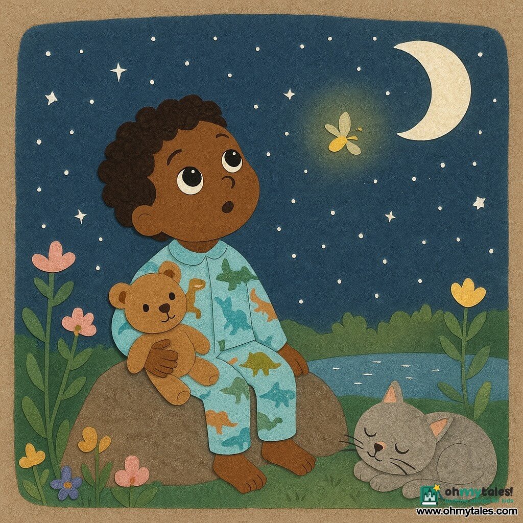 A 6-year-old boy named Ben sits on a large rock in the garden, gazing at the starry sky with wonder. He wears dinosaur-patterned pajamas and holds a teddy bear named Mr. Buttons under his arm. His eyes are wide and bright, filled with curiosity. Next to him, a cat named Pancake, with soft gray fur and golden eyes, is curled up on the ground, purring peacefully. A small firefly dances around Ben's head, illuminating his face with a gentle glow. The garden is bathed in the silvery moonlight, with pastel-colored flowers and a small pond reflecting the twinkling stars. The main scene shows Ben looking up at a bright star, as if asking it a secret question, while the night sky sparkles brilliantly.