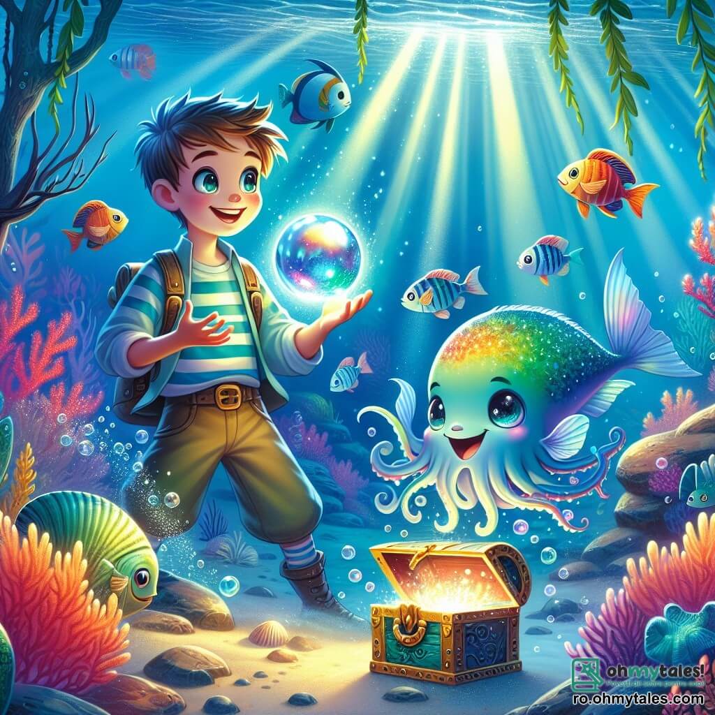 Un băiat tânăr numit Radu, un globule magic de sticlă, strălucește de mii de ori sub apă, cu culori vii și reflexii strălucitoare. Are un zâmbet curios și ochi strălucitori de entuziasm în timp ce explorează adâncurile marine. Lângă el, un pește curios pe nume Blip, cu solzi iridescenți și o mică înotătoare în formă de inimă, îl privește pe Radu cu uimire, gura deschisă într-un "O" de surpriză. Un calamar jucăuș, Sclipici, cu tentacule colorate și ochi șireți, se distrează aruncând bule de apă în jurul lor, râzând vesel.

Scena se desfășoară într-o pădure subacvatică magică, unde algele dansează ușor în voia curenților, iluminate de raze de lumină care filtrează prin suprafața apei. Coralii multicolori formează un peisaj feeric, în timp ce pești de toate formele și culorile înoată în jurul lor.

Radu și prietenii săi descoperă un cufăr vechi, înconjurat de scoici strălucitoare, pregătindu-se să dezvăluie secretul unei perle magice ascunse, creând o atmosferă de mister și aventură.