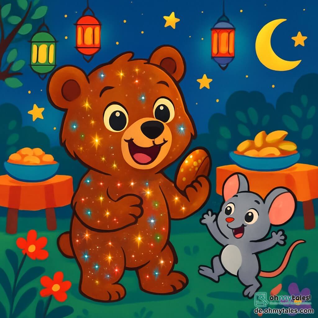 Ein kleiner brauner Bär, Balu, mit weichem und glänzendem Fell, steht im Mittelpunkt des Bildes, mit weit aufgerissenen Augen vor Überraschung und einem großen, fröhlichen Lächeln auf seinem Gesicht. Er hält eine goldene Dattel in seiner Tatze, und sein Fell funkelt unter den bunten Lichtern. Neben ihm springt eine kleine graue Maus namens Mia, mit großen neugierigen Augen und runden Ohren, vor Freude, ihre kleinen Pfoten erhoben, fasziniert vom Glanz Balus. Die Szenerie ist ein wunderschöner nächtlicher Garten, gefüllt mit funkelnden Laternen, leuchtenden Blumen und einem sternenklaren Himmel. Tische sind mit bunten und appetitlichen Gerichten gedeckt, was eine festliche und warme Atmosphäre schafft. Die Hauptszene zeigt Balu, den kleinen Bären, der die Magie des Ramadanfestes entdeckt, umgeben von seinen Freunden, bereit, einen Moment der Freude und Geselligkeit zu teilen.