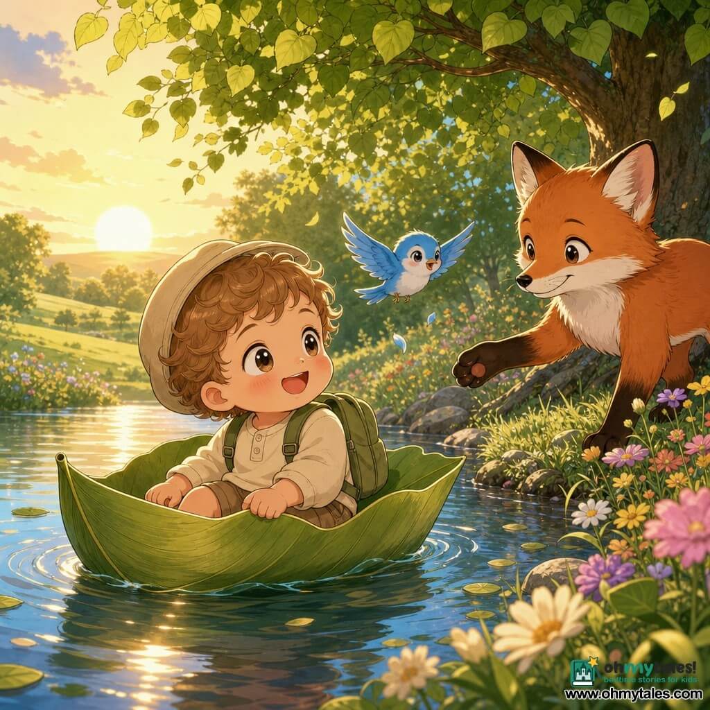 A joyful, curious 2-year-old boy with light brown curls, round cheeks and bright eyes, wearing a soft cap and tiny backpack, sits smiling in a boat made of large leaves; a vivid blue songbird flutters above the boat, and a red fox on the bank, paw raised as if to help, watches him; they float on a calm blue-green pond bordered by colorful wildflowers, with a gentle grassy hill and a large whispering tree in the background, all bathed in low golden sunlight in a tender, simple, serene adventure.