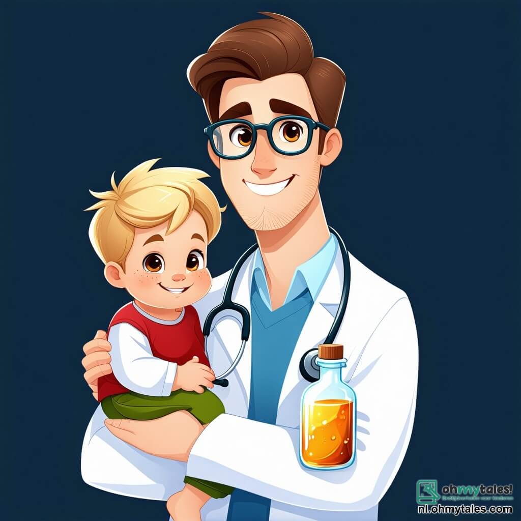 Een mannelijke arts, genaamd dokter Tom, staat in het midden van de afbeelding, met een warme glimlach, bruin haar en ronde bril. Hij draagt een onberispelijke witte jas en een stethoscoop om zijn nek, terwijl hij in één hand een fles gekleurde siroop vasthoudt, klaar om een jonge patiënt te helpen. Naast hem kijkt een 8-jarig jongetje genaamd Max, met rommelig blond haar en een rode t-shirt, de dokter hoopvol aan, terwijl hij zijn keel vasthoudt met een pijnlijke uitdrukking. Iets verderop heeft een vrouw van dertig jaar, de moeder van Max, een bezorgde uitdrukking op haar gezicht, met gekruiste armen, terwijl ze de scène aandachtig observeert. De scène speelt zich af in een lichte en uitnodigende praktijk, met pastelblauwe muren, kleurrijke posters over de gezondheid van kinderen en speelgoed verspreid over een tafel. Een groot raam laat zonlicht binnen, wat een warme en geruststellende sfeer creëert. Dokter Tom probeert Max gerust te stellen door hem uit te leggen dat de siroop hem zal helpen zijn keel te genezen, terwijl Max's moeder aandachtig luistert, opgelucht dat haar zoon in goede handen is.