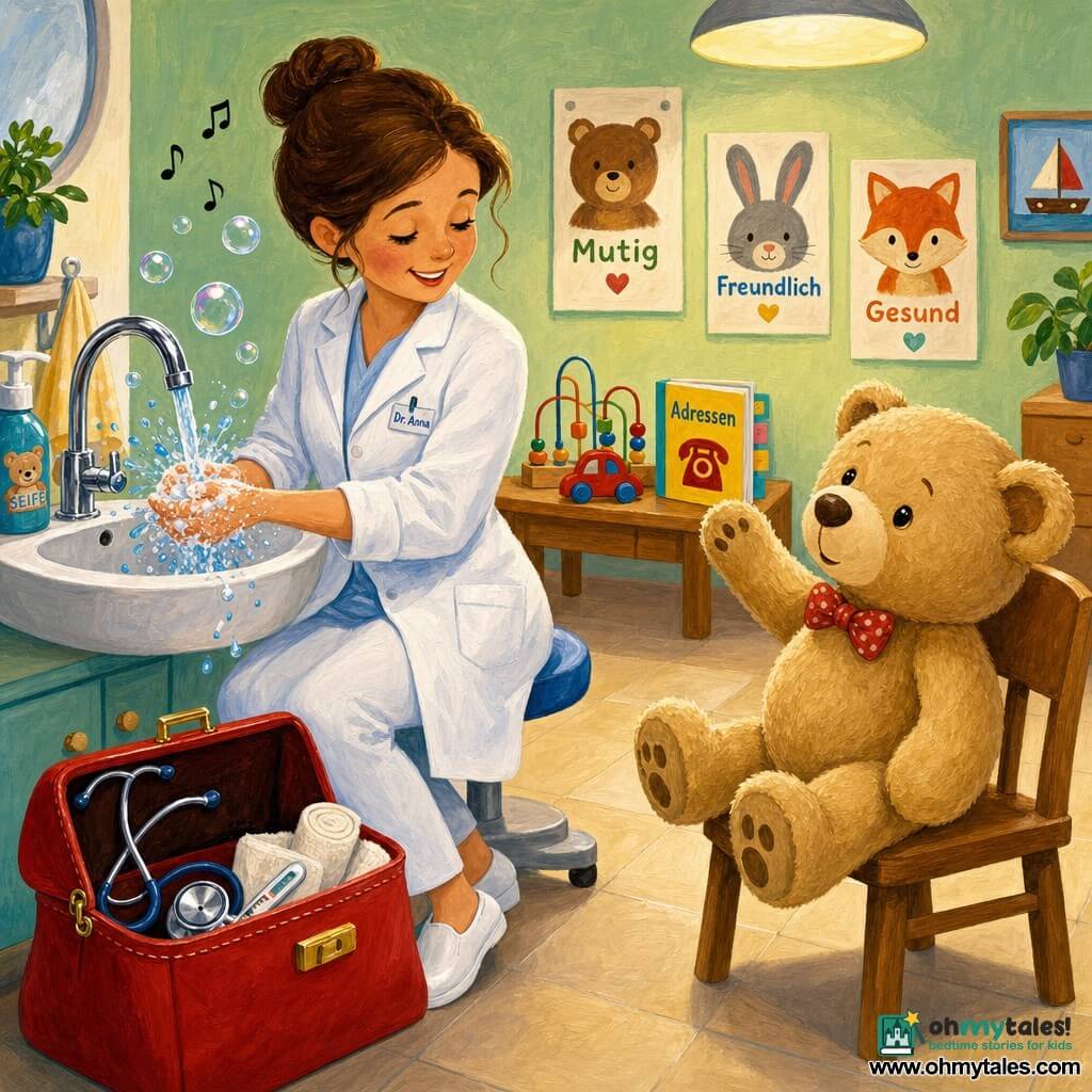 A gentle smiling female doctor with brown hair in a bun, wearing a clean white coat and quiet shoes, softly sings while washing her soapy hands under a shiny faucet with colorful splashes and translucent bubbles catching the light; her open red leather doctor’s bag rests on the floor nearby with a shiny stethoscope, silver thermometer and rolled bandages visible; a large beige teddy bear sits on a wooden chair to the right with its head tilted and paw raised inquisitively; the small warm clinic has pastel green walls, smiling animal posters, a round lamp casting soft light and a light tiled floor, creating a comforting, protective atmosphere.
