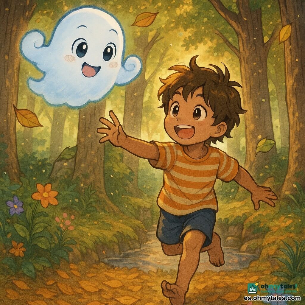 Un pequeño fantasma llamado Fantasín, flotante, traslúcido y risueño, juega a las escondidas con Tomás, un niño de unos 8 años de pelo castaño alborotado, camisa de rayas y pantalón corto, descalzo sobre un lecho de hojas junto a un pequeño arroyo, en un bosque mágico al crepúsculo con troncos gruesos, hojas verdes y doradas que giran, flores coloridas y reflejos rosados-anaranjados en el agua, todo bañado por rayos de sol bajos y partículas luminosas que crean una atmósfera cálida y encantadora.