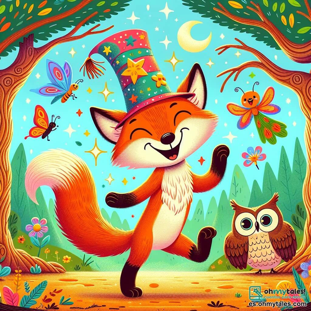 Ilustración de un joven zorro travieso, con un pelaje naranja brillante y una cola esponjosa, que muestra una expresión alegre y maravillada. Baila en medio de un grupo de animales, llevando un gran sombrero colorido adornado con estrellas y lunas, que brilla ligeramente bajo el sol. Cerca de él, una mariposa colorida con alas azules y amarillas, sonriente y juguetona, vuela a su alrededor batiendo las alas con entusiasmo. Un búho sabio, con plumas marrones y gafas redondas, observa la escena con una sonrisa divertida, intentando no enredarse con las ramas de los árboles danzantes. El lugar es un bosque encantado, lleno de árboles con troncos torcidos y flores multicolores que vibran al ritmo de la música. El suelo está cubierto de hojas doradas y pequeñas piedras brillantes, creando una atmósfera mágica y alegre. La situación principal muestra al zorro y sus amigos bailando alegremente, mientras los árboles a su alrededor se balancean como si participaran en la fiesta. Destellos de luz y estrellas brillantes flotan en el aire, añadiendo un toque de magia a esta escena festiva. Otros elementos gráficos incluyen animales saltando y bailando, flores que parecen moverse al ritmo de la música, y un cielo azul claro con algunas nubes esponjosas, creando un ambiente alegre y lúdico.