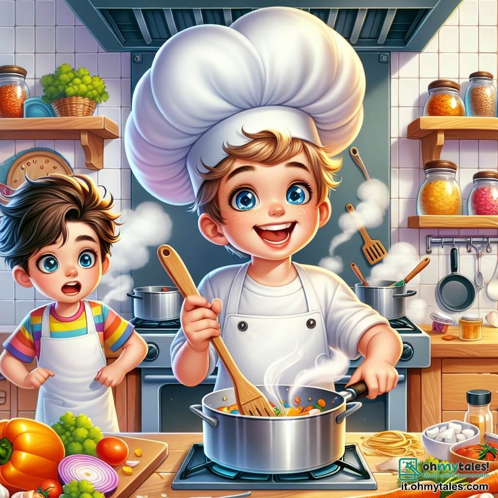 Un giovane ragazzo di nome Luca, di circa 10 anni, indossa un grande cappello da chef bianco che fluttua sopra la sua testa come una nuvola. Il suo viso è illuminato da un sorriso gioioso, i suoi occhi brillano di eccitazione e tiene un mestolo di legno in una mano, pronto a cucinare. Accanto a lui, un altro ragazzo, Matteo, anch'egli di 10 anni, con i capelli castani disordinati e una maglietta colorata, osserva attentamente Luca, con le mani sui fianchi, impaziente di aiutarlo. La scena si svolge in una cucina spaziosa e luminosa, con pareti bianche e scaffali pieni di barattoli di spezie colorate. Pentole di metallo brillano sul fuoco e un grande tavolo di legno è coperto di ingredienti freschi: carote arancioni, pasta dorata e formaggio fuso. Luca e Matteo stanno preparando un piatto speciale insieme, mescolando gli ingredienti con entusiasmo, mentre bolle di vapore fuoriescono dalle pentole, creando un'atmosfera calda e vivace.