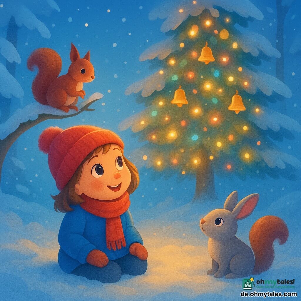 Ein 6-jähriges Mädchen, Leni, mit roten Wangen und funkelnden Augen, sitzt staunend im Schnee. Sie trägt eine dicke blaue Winterjacke, einen roten Schal und eine passende Mütze. Neben ihr steht ein kleines graues Kaninchen neugierig und freundlich mit erhobener Nase. Ein rotes Eichhörnchen mit buschigem Schwanz sitzt auf einem niedrigen Ast und beobachtet die Szene interessiert. Die Szene spielt sich auf einer schneebedeckten Lichtung ab, umgeben von großen, mit glitzerndem Schnee bedeckten Bäumen. In der Mitte steht ein großer Baum, geschmückt mit kleinen bunten Lichtern und goldenen Glöckchen, die sanft im Wind klingen. Das warme, goldene Licht des Baumes spiegelt sich im Schnee und schafft eine magische, märchenhafte Atmosphäre.