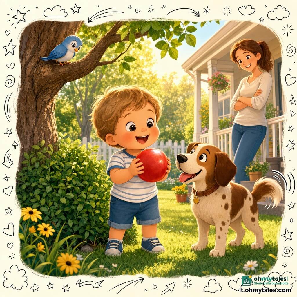 Bambino di 2 anni dal viso rotondo e paffuto, capelli castano chiaro a ciocche e sorriso meravigliato, tiene una palla rossa brillante; accanto un cane marrone maculato di taglia media scodinzola, su un ramo basso un piccolo uccello blu osserva la scena, sullo sfondo la madre di circa 30 anni con coda di cavallo sorride vicino al portico; giardino soleggiato con prato verde, fiori gialli, un cespuglio da cui è stata ritrovata la palla e un albero dal tronco rugoso; atmosfera calda, colori vivaci, contorni morbidi e luce dolce del tardo pomeriggio.