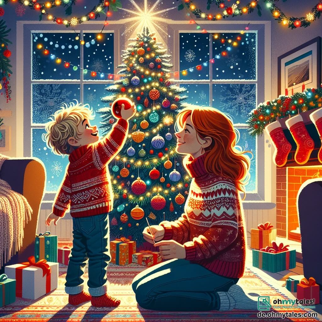 Ein einjähriger Junge namens Max mit zerzausten blonden Haaren und strahlenden Augen steht vor einem großen Weihnachtsbaum, der mit bunten Lichtern und glitzernden Kugeln geschmückt ist. Er lächelt staunend und hält eine rote Weihnachtskugel in seinen kleinen, dicken Händen. Neben ihm sitzt seine Mutter, eine Frau in ihren Dreißigern mit langen braunen Haaren und einem roten Wollpullover, die ihn liebevoll beobachtet. Der Raum ist warm und einladend, mit funkelnden Lichtern, über dem Kamin hängenden Strümpfen und einem süßen Duft von Weihnachtsplätzchen in der Luft. Der Boden ist mit einem weichen Teppich bedeckt und draußen fallen sanft Schneeflocken. Die Hauptsituation zeigt Max, der von der Magie von Weihnachten fasziniert ist und die glänzende Weihnachtskugel entdeckt, die ihn in eine Welt voller Abenteuer einzuladen scheint.