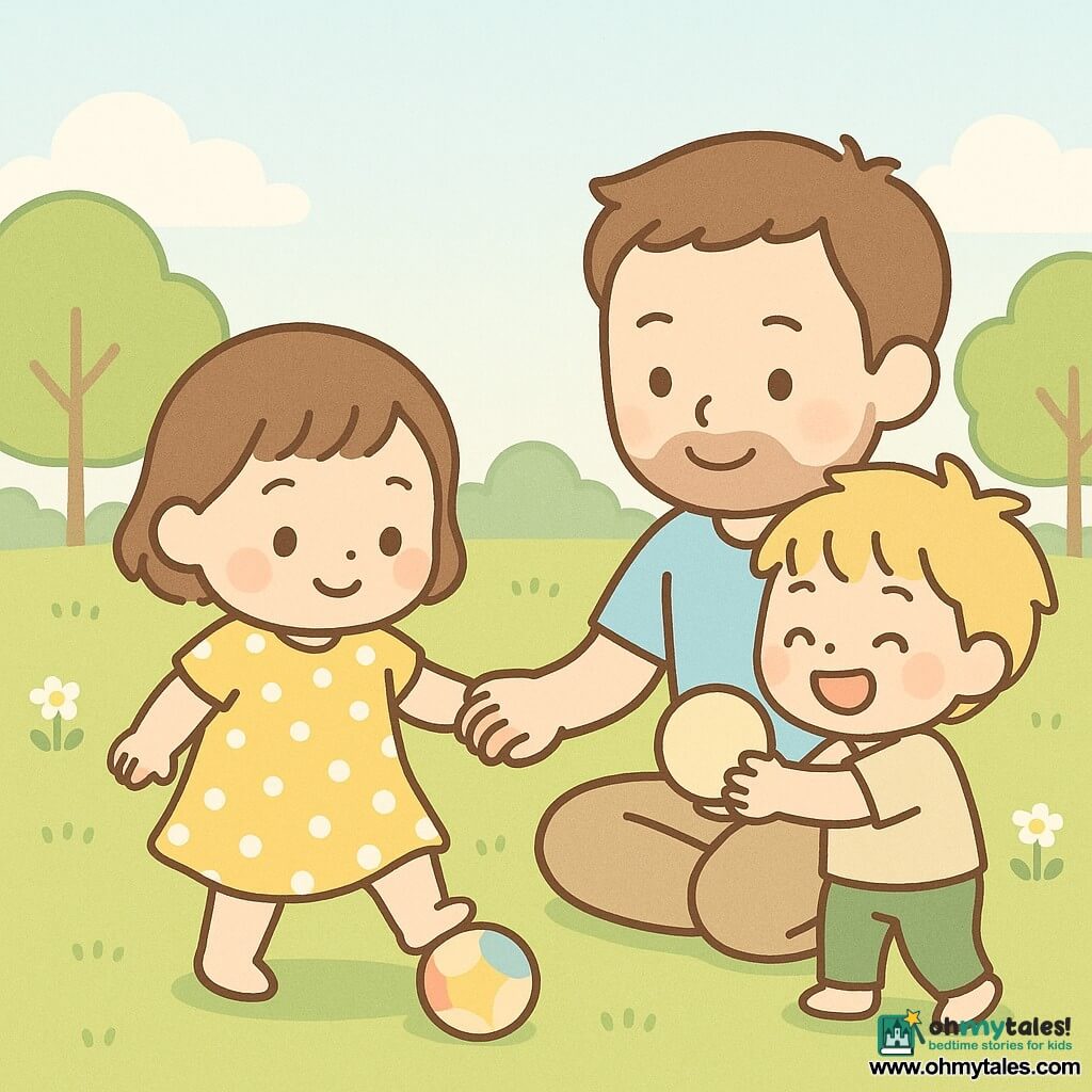 A happy smiling 2-year-old girl with short brown hair and rosy cheeks in a yellow polka-dot dress taps a soft round ball with her foot while her father (30–40) in a light blue t‑shirt sits on the grass holding her hand and encouraging her, and a laughing 3–4-year-old blond boy in green pants offers another ball; morning park with bright green grass, small white flowers, pale blue sky, soft sunlight, rounded trees, warm joyful pastel atmosphere.