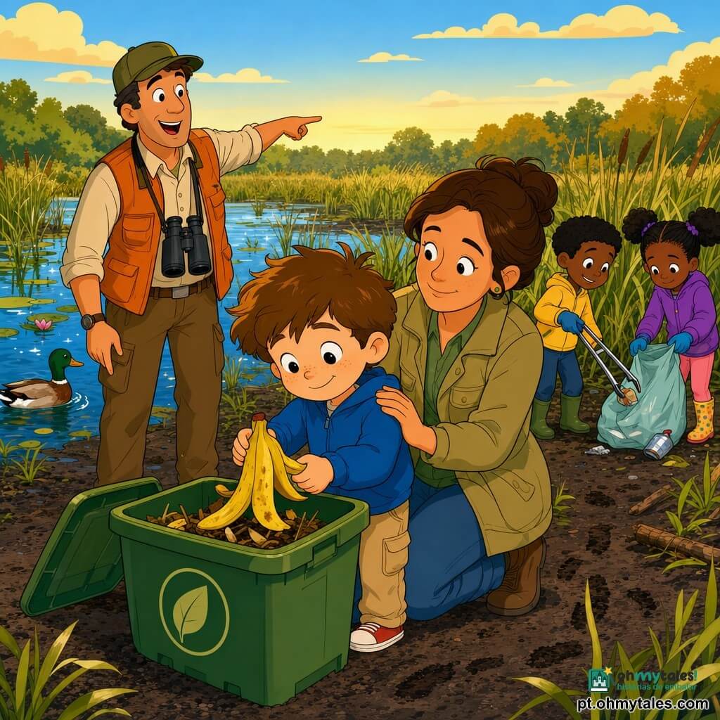 Um menino de 6 anos, rosto redondo com sardas, cabelo castanho desgrenhado e sorriso tímido e orgulhoso, coloca cuidadosamente uma casca de banana amarela numa caixa de compostagem verde com símbolo de folha; uma professora adulta de cerca de 30 anos, cabelo preso em coque e jaqueta cáqui, ajoelha-se atrás dele com a mão no ombro para o encorajar; um guia de cerca de 40 anos, calças de caminhada castanhas e colete laranja, está à esquerda apontando para o pântano e com binóculos ao pescoço; dois colegas de cerca de 6 anos recolhem papéis com pinças e um saquinho à direita; cenário na margem de uma zona húmida com água rasa a brilhar, juncos, nenúfares, berma lamacenta com pegadas e um pato de plumagem verde e castanha junto à costa; momento caloroso em que o menino corrige um erro e participa na compostagem, atmosfera de solidariedade e respeito pela natureza, cores quentes, linhas suaves e luz de fim de tarde.