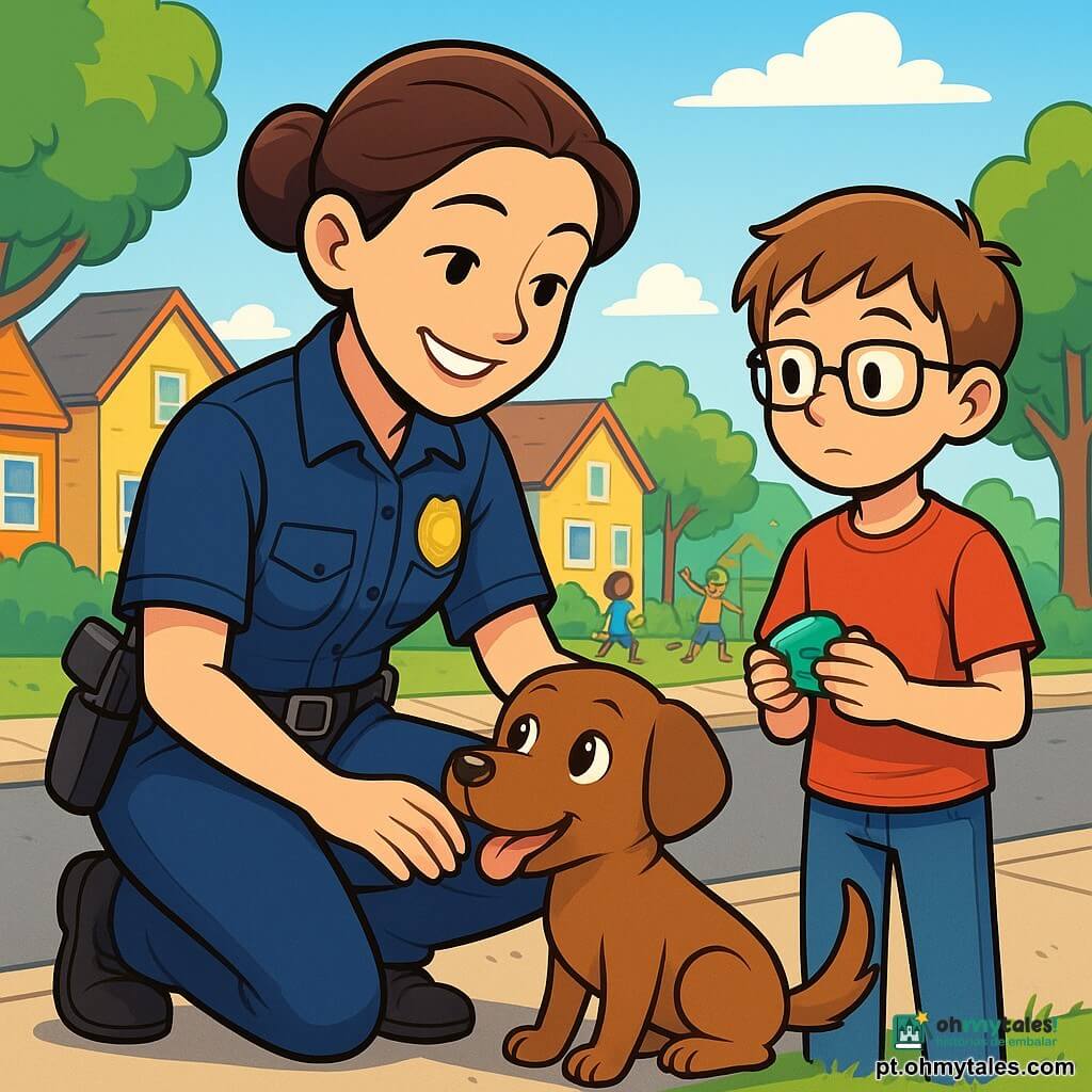 Uma policial sorridente, na casa dos trinta anos, com um uniforme azul vibrante e um distintivo brilhante no peito, está agachada perto de um pequeno cachorro marrom com olhos brilhantes, parecendo amigável e reconfortante. Ela tem cabelos castanhos presos em um coque e usa um cinto com ferramentas de segurança. Ao lado dela, um menino de 8 anos, usando óculos e uma camiseta vermelha, observa a cena com curiosidade, segurando um brinquedo nas mãos. Ao fundo, uma rua movimentada do bairro, com casas coloridas, árvores verdes e crianças brincando em um parque. A policial ajuda o menino a acalmar o cachorro que escapou, criando uma atmosfera de confiança e camaradagem.