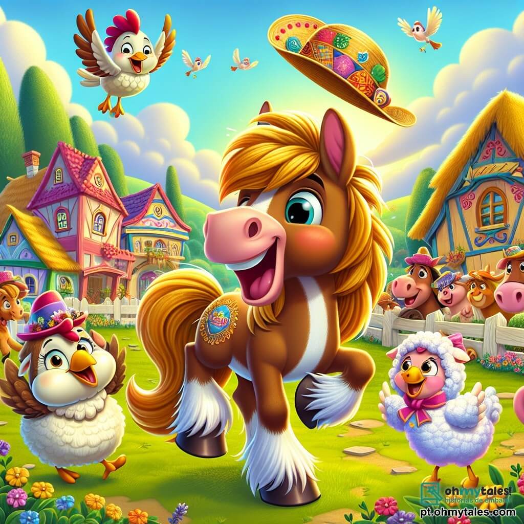 Um cavalo chamado Tico, com uma crina dourada brilhante e pelagem marrom, está no centro da imagem, exibindo um grande sorriso alegre enquanto dança com entusiasmo. Ao seu lado, uma galinha chamada Lila, com penas brancas e um pequeno chapéu colorido, pula de alegria, segurando uma placa com uma piada. Um pequeno porquinho rosa chamado Pipo, com um olhar curioso, observa a cena enquanto coça a cabeça, enquanto uma doce ovelha chamada Mimi, com lã fofinha, ri acenando seu próprio chapéu decorado com flores. O cenário é uma charmosa vila de Animália, com casas coloridas de telhados inclinados, árvores floridas e uma grande pradaria verde onde os animais se reúnem para a competição de chapéus. Ao fundo, pássaros cantam nos galhos, adicionando uma atmosfera alegre à cena. A situação principal mostra Tico e seus amigos desfilando alegremente, dançando e rindo juntos enquanto usam chapéus feitos em casa, criando uma atmosfera de festa e camaradagem.