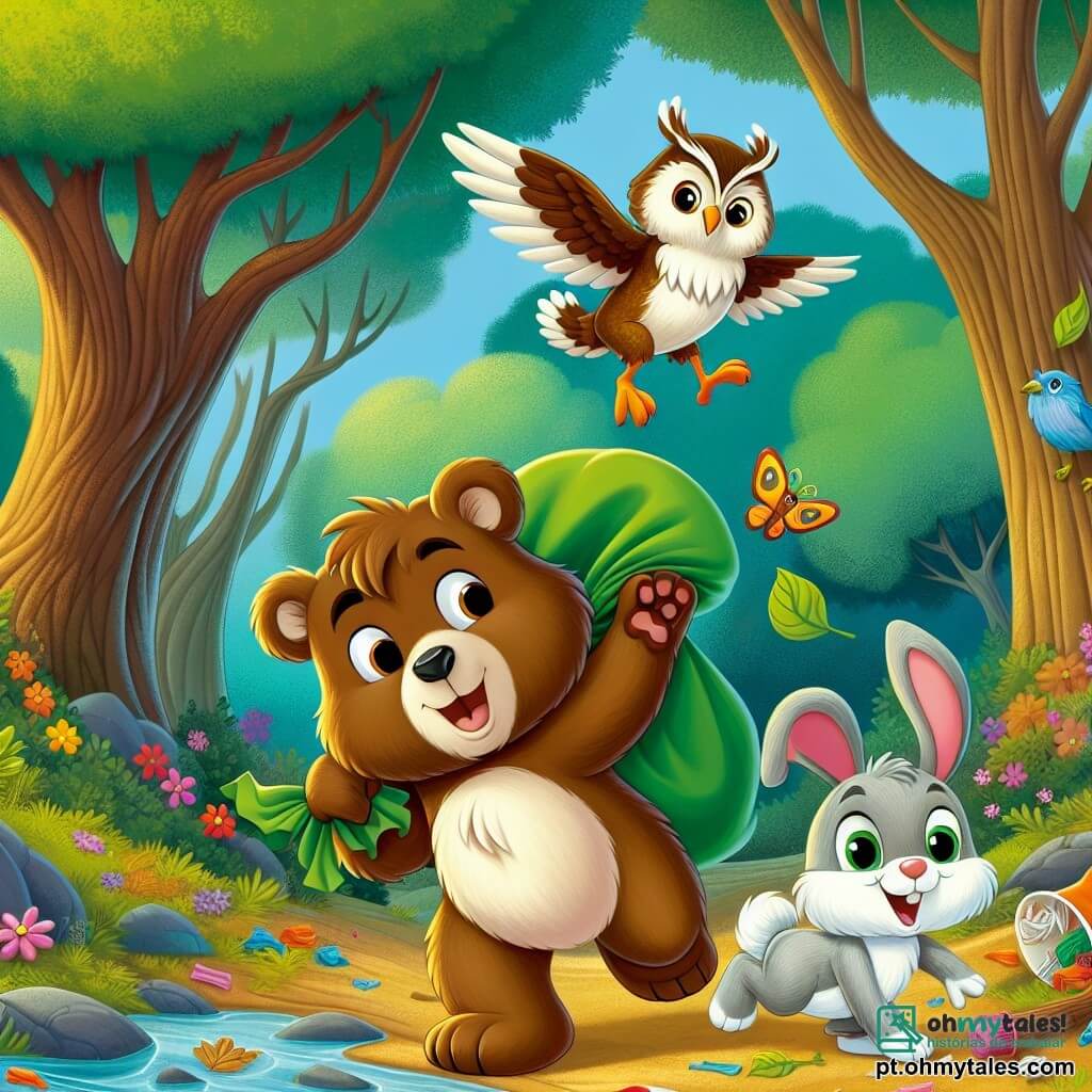 Um jovem urso pardo, chamado Urso Verde, com um pelo suave e brilhante, exibe uma expressão determinada e alegre. Ele está recolhendo lixo colorido em uma floresta verdejante, cercado por árvores majestosas com folhas vibrantes. Ao seu lado, um coelhinho travesso com grandes orelhas, Coelho Ágil, salta entusiasmado, segurando um saco de lixo, seu rosto radiante de excitação. Um pouco mais adiante, uma sábia coruja com penas marrons e brancas, Coruja Sábia, observa a cena com um olhar benevolente, empoleirada em um galho, pronta para dar conselhos. O chão está salpicado de flores coloridas e folhas, e o céu é de um azul brilhante, iluminado por um suave sol. A cena principal mostra Urso Verde e seus amigos em ação, unindo forças para limpar a floresta e torná-la bonita e limpa.