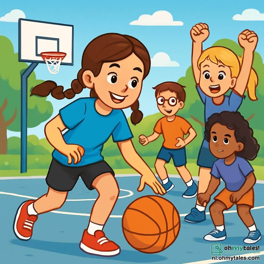 Een 12-jarig meisje, Jade, met bruine vlechten, glimlachend en vol energie, dribbelt een basketbal op een zonnig veld. Ze draagt een felblauw t-shirt en een zwarte short, haar ogen stralen vastberadenheid uit. Naast haar moedigt haar beste vriendin Sara, ook 12 jaar, met een grote glimlach en opgestoken armen aan. Op de achtergrond rent Tim, een 12-jarig jongetje met een bril en kastanjebruin haar, naar Jade, klaar om een pass te ontvangen, terwijl Fatima, een 12-jarig meisje met krullend haar, geconcentreerd in de verdediging staat. Het basketbalveld is omringd door groene bomen en het gekrijs van spelende kinderen, met een helderblauwe lucht en enkele witte wolken. De scène toont het spannende moment van een vriendschappelijke competitie, waarin Jade zich voorbereidt om een beslissend doelpunt te scoren, wat de teamgeest en vreugde van de sport illustreert.