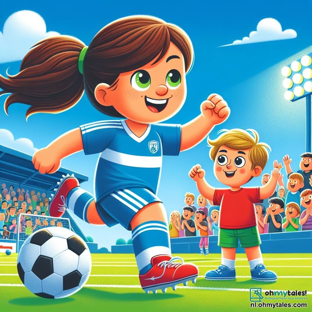 Sanne, een 10-jarig meisje en voetbalspeelster, staat centraal in de afbeelding. Ze heeft bruin haar in een paardenstaart, een stralende glimlach en draagt een blauwe voetbalshirt met witte strepen. Ze dribbelt behendig de bal, met glinsterende ogen vol vastberadenheid en vreugde. Naast haar staat Tim, een 9-jarig jongetje, die haar bewonderend aankijkt. Hij heeft rommelig blond haar en draagt een rode t-shirt. Tim maakt een aanmoedigend gebaar door een vuist in de lucht te steken, terwijl hij aan de zijkant van het veld staat. De scène speelt zich af op een groen voetbalveld, verlicht door zonlicht. De lucht is blauw met enkele witte wolken en het publiek is op de achtergrond zichtbaar, met kinderen en ouders die applaudisseren. De hoofdactie toont Sanne die enthousiast de bal dribbelt, klaar om te scoren, terwijl Tim haar aanmoedigt met een grote glimlach, wat de teamgeest en vriendschap in het voetbal illustreert.
