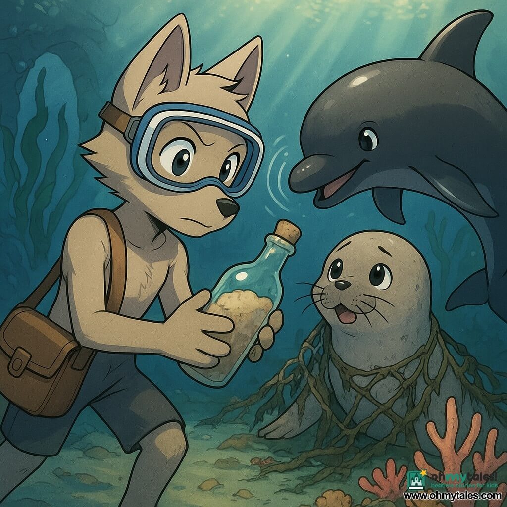 Milo, a sandy-gray anthropomorphic wolf with a striped diving mask and small leather satchel, holds a sand-covered glass bottle; a dark shiny dolphin with a sly smile emits visible glowing sound-wave circles and circles to his right as a guiding presence; Pip, a young seal with glossy fur and trembling whiskers, looks relieved and admiring behind Milo, held by an old frayed net Milo is loosening—the net, with dark green algae and shells, hangs on fragile pink-orange coral—set in Bottle Cove with deep blue-green water, stone arches with blue mussels, emerald kelp forests, pale sand patches and red and yellow anemones, golden diagonal rays casting shimmering halos; Milo and friends gently free the bottle from the net near the coral, calm precise gestures, cooperative tension, dynamic mid-diving composition.