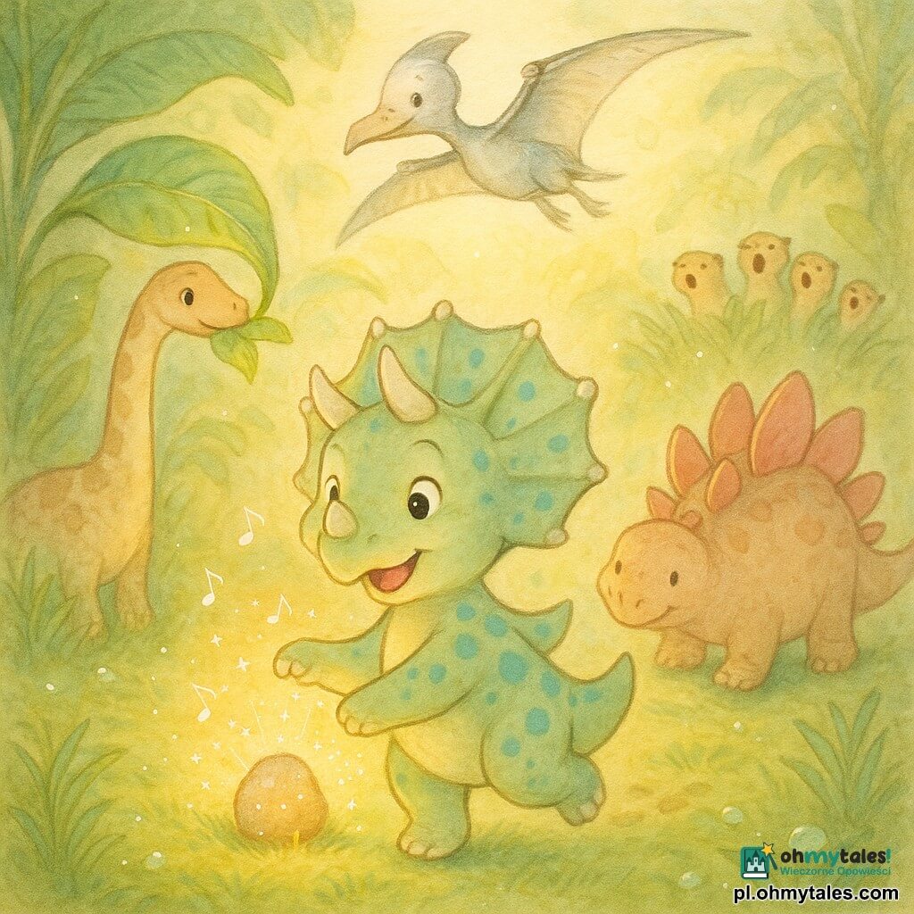 Mały radosny triceratops z błyszczącymi oczami i szerokim uśmiechem, trzy krótkie rogi i frędzlowaty kołnierz, skórą jabłkowozieloną z błękitnymi plamkami, tańczy na małych łapkach, trzymając przy piersi świecący kamyk-świeczkę, który iskrzy i dzwoni jak dzwoneczki; z tyłu po lewej ciekawski brachiozaur z długą szyją i kremowymi plamami skubie dużą błyszczącą liść, po prawej tęgi stegozaur z różowymi płytami rytmicznie tupie, nad grupą nisko przelatuje smukły pterodaktyl z rozpostartymi skrzydłami i srebrnym puchem, chór małych dinozaurków ukryty w kępie trawy śpiewa, wszystko dzieje się w mszystej polanie w lesie olbrzymich liści z puchatą trawą i rosą błyszczącą jak gwiazdy, złote promienie słoneczne przebijają się między drzewami; scena pokazuje radosny taniec w kole wokół muzycznego kamyka emitującego ciepłe światło, okrągłe ruchy i miękka przyjazna atmosfera.