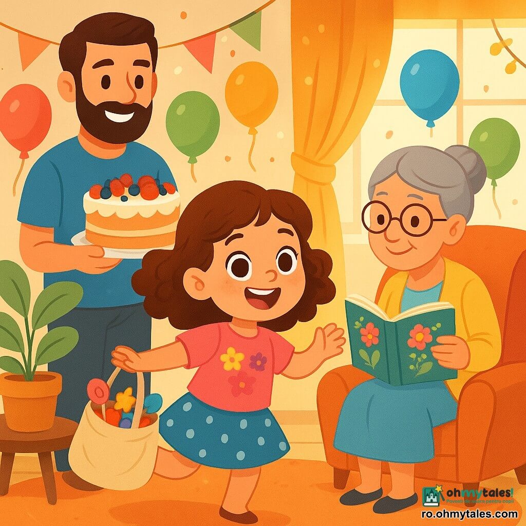 O fetiță de 6 ani, Ana, cu ochi mari și strălucitori și păr castaniu creț, zâmbește vesel ținând o geantă frumoasă din material plină cu surprize colorate. Poartă un tricou roz cu motive florale și o fustă cu buline, dansând entuziast în mijlocul camerei. Lângă ea, bunica, o femeie în vârstă cu părul gri prins și ochelari rotunzi, zâmbește cu tandrețe ținând un abecedar decorat cu flori, pregătită să-i citească o poveste. Tatăl Anei, un bărbat de aproximativ 30 de ani cu barbă scurtă și un tricou albastru, stă în spatele mesei, zâmbind și ținând un tort mare de aniversare decorat cu fructe colorate. Scena se desfășoară într-un living călduros, împodobit cu baloane colorate și ghirlande strălucitoare, cu un covor moale pe podea și raze de soare filtrându-se prin perdele. Ana, plină de bucurie, descoperă surprizele zilei ei de naștere, înconjurată de familia ei iubitoare, într-o atmosferă festivă și luminoasă, unde dragostea și magia petrecerii plutesc în aer.