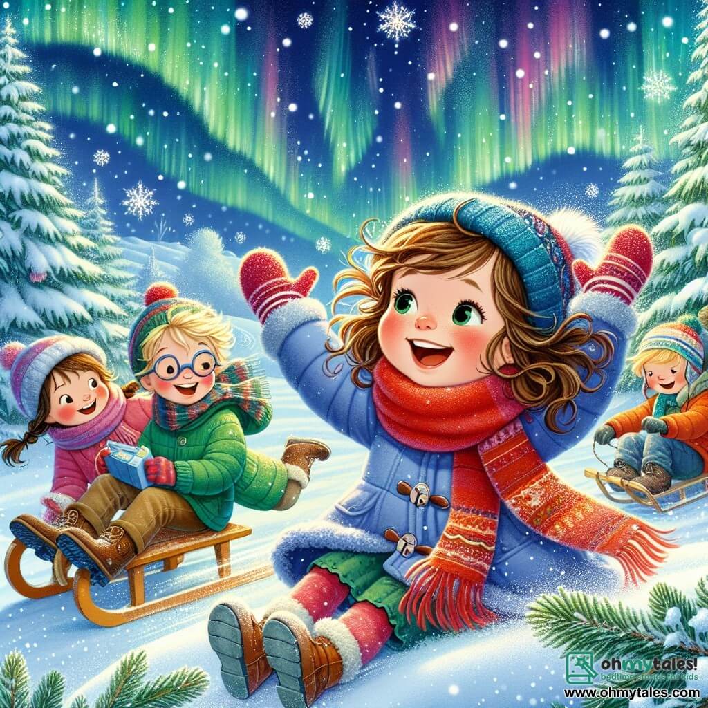 Lily, an 8-year-old girl with curly brown hair and a big smile, wears a bright red scarf and a blue coat. She is at the center of the image, raising her arms in wonder while looking at the sky. To her right, Max, a 9-year-old boy with blond hair and rosy cheeks, is sliding down a sled, laughing joyfully. On the left, Emma, an 8-year-old girl with brown hair and glasses, is about to throw a snowball, her face lit up with excitement. The setting is Frosty Hill, a slope covered in a thick layer of sparkling snow, surrounded by tall snow-laden fir trees. The sky is filled with beautiful, brightly colored auroras dancing and illuminating the night. The main scene shows the three friends playing together in the snow, surrounded by gently falling snowflakes, while small sparkling creatures, the Ice Sprites, flutter around them, adding a touch of magic to the winter atmosphere.