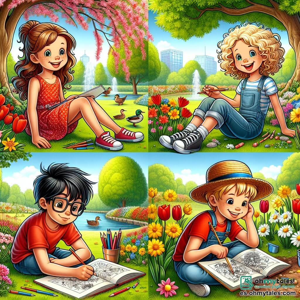 Cuatro amigos, dos chicas y dos chicos, están reunidos en un parque en plena floración en primavera. Ana, una niña de 10 años con cabello castaño y gafas, está sentada en el césped, sosteniendo un lápiz y un cuaderno de dibujo, sonriendo con entusiasmo. Al lado de ella, Sofía, una niña de 10 años con cabello rubio y rizado, muestra orgullosamente su dibujo de flores coloridas. Un poco más lejos, Luis, un chico de 10 años con cabello negro y una camiseta roja, examina un mapa del tesoro, luciendo concentrado. Finalmente, Miguel, un chico de 10 años con cabello castaño y un sombrero de paja, está cavando en el suelo, buscando el tesoro escondido. El parque está lleno de flores de colores brillantes, con tulipanes rojos, narcisos amarillos y margaritas blancas. Los amigos están en plena búsqueda del tesoro, buscando pistas escondidas entre las flores y los árboles, con risas y gritos de alegría que resuenan en el aire primaveral.