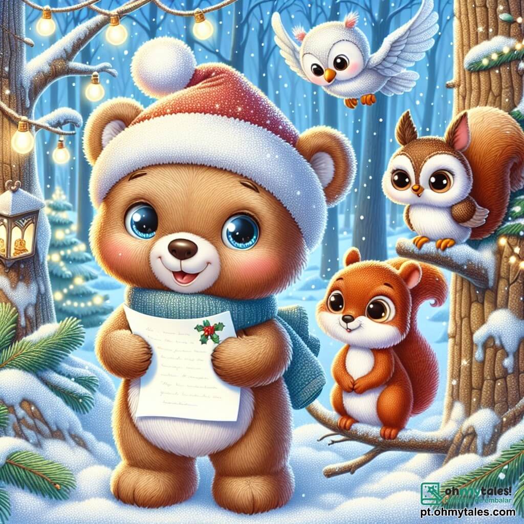 Um adorável urso de pelúcia chamado Tico, com pelagem marrom macia e olhos brilhantes, está no centro da cena, sorrindo com espanto enquanto segura uma carta para o Papai Noel. À sua direita, um pequeno esquilo de grandes orelhas e pelagem ruiva, com uma expressão curiosa, sobe em um galho, olhando para Tico com entusiasmo. À esquerda, uma sábia coruja de penas brancas e olhos redondos, empoleirada em um galho, observa a cena com um ar amigável e encorajador. A cena acontece em uma floresta encantada, onde as árvores estão cobertas por uma espessa camada de neve cintilante, e guirlandas luminosas decoram os galhos, criando uma atmosfera mágica. Flocos de neve caem suavemente do céu azul claro, acrescentando à beleza da paisagem. Tico, o esquilo e a coruja se reúnem alegremente, prontos para partir em uma aventura para entregar a carta ao Papai Noel, cercados pela magia do Natal.