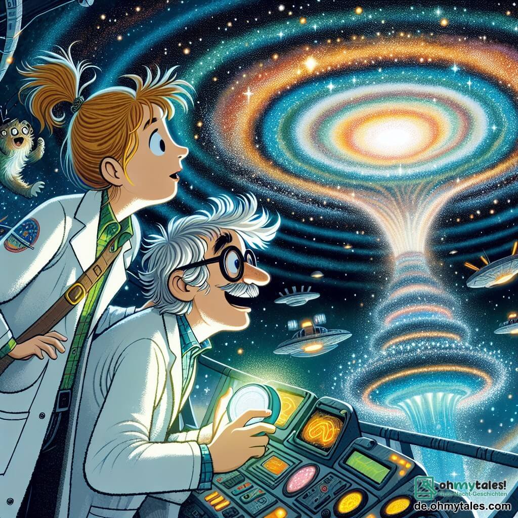Der Hauptcharakter, ein Mann namens Professor Max, ist ein Wissenschaftler mit zerzausten Haaren und einer großen runden Brille. Er zeigt ein Staunen und Neugier in seinen leuchtenden Augen, während er die wunderschöne Anomalie am Himmel beobachtet. Er trägt einen weißen Laborkittel und hält ein kleines leuchtendes Gerät in der Hand. Neben ihm steht Lisa, eine etwa 30-jährige Ingenieurin mit braunen, zu einem Pferdeschwanz gebundenen Haaren und einem Schutzhelm auf dem Kopf. Sie konzentriert sich auf einen Kontrollbildschirm und passt die Einstellungen ihres Raumschiffs „Sternenblume“ an, das wie eine riesige Blume im Weltraum schwebt. Tom, ein fröhlicher Mann von etwa 28 Jahren, ist der Pilot des Raumschiffs. Er hat zerzauste blonde Haare und ein breites Lächeln im Gesicht. Er steht am Steuer und ist bereit, das Schiff durch die Sterne zu steuern. Der Schauplatz ist ein intergalaktischer Raum voller Farben, in dem funkelnde Sterne und mehrfarbige Nebel eine märchenhafte Kulisse bilden. Im Zentrum der Illustration befindet sich die geheimnisvolle Anomalie, ein Wirbel aus strahlenden Lichtern, der im Dunkel des Weltraums tanzt. Die Hauptsituation zeigt Professor Max und sein Team, die von der Schönheit der Anomalie begeistert sind, während das Raumschiff „Sternenblume“ majestätisch im Kosmos schwebt und bereit ist, die Geheimnisse des Universums zu erkunden.