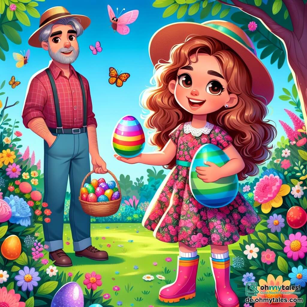Ein 8-jähriges Mädchen, Frida, mit langen lockigen Haaren und einem strahlenden Lächeln, hält ein buntes, regenbogenfarbenes Ei in ihren Händen. Sie trägt ein blumiges Kleid und bunte Gummistiefel, und ihr Blick ist voller Aufregung und Neugier. Neben ihr steht ihr Vater, ein Mann in seinen Dreißigern mit einem leichten Bart und einem Strohhut, der stolz lächelt und einen Korb voller Schokoladeneier hält. Er steht etwas im Hintergrund und beobachtet Frida wohlwollend. Im Hintergrund sieht man einen grünen Garten, der mit leuchtenden Blumen und blühenden Obstbäumen geschmückt ist, unter einem klaren, sonnigen Himmel. Der Garten ist voller fröhlicher Details wie singenden Vögeln und Schmetterlingen, die um die Blumen fliegen. Die Hauptsituation zeigt Frida, die ein geheimnisvolles, buntes Ei entdeckt, das zwischen den Blumen versteckt ist, während ihr Vater sie ermutigt, das Ostergeheimnis zu lösen.
