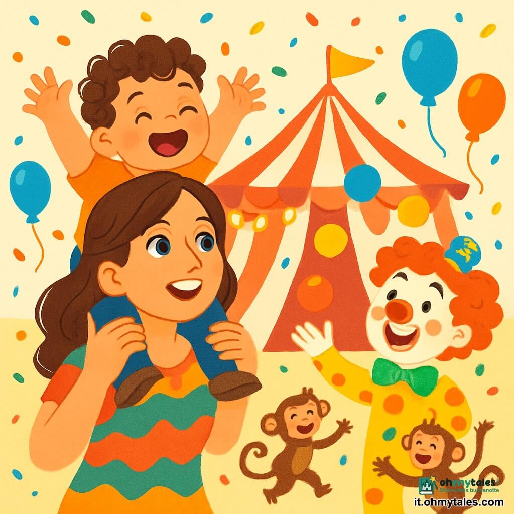 Un bambino di 2 anni, Gigi, con i capelli ricci e un grande sorriso gioioso, è seduto sulle spalle della mamma, con le braccia alzate in segno di meraviglia. Sua mamma, una donna sorridente di circa 30 anni, indossa un vestito colorato e guarda il circo con occhi brillanti, tenendo saldamente il figlio. Il luogo è un circo splendente, pieno di colori vivaci: un grande tendone a strisce rosse e bianche, luci scintillanti e palloncini fluttuanti. Dei coriandoli colorati cadono dolcemente dal cielo, creando un'atmosfera festosa. Gigi ride a crepapelle guardando un clown divertente che gioca con palle multicolori, mentre delle scimmiette danzano intorno a loro, aggiungendo magia al momento.