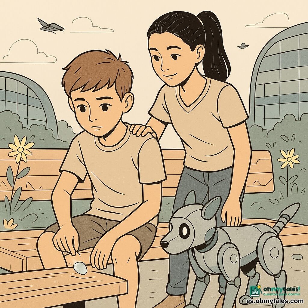 Un niño de 10 años, expresión concentrada y algo emocionada, cabello castaño corto, rodillas ligeramente flexionadas, con la mano derecha despegando con cuidado una pequeña pastilla brillante pegada a un banco; detrás, una niña de unos 12 años (Maya) con cola de caballo negra, sonrisa seria, mano sobre su hombro para tranquilizarlo; a su lado un perro robot mediano de metal con ojos LED y cola articulada observando; escena en un parque futurista con suelo liso, banco de madera clara con motivos geométricos y flores luminosas; momento silencioso de reparación temporal: el niño evita un pequeño “paradoja” mientras la chica vela y el robot mira, ambiente tenso pero suave.