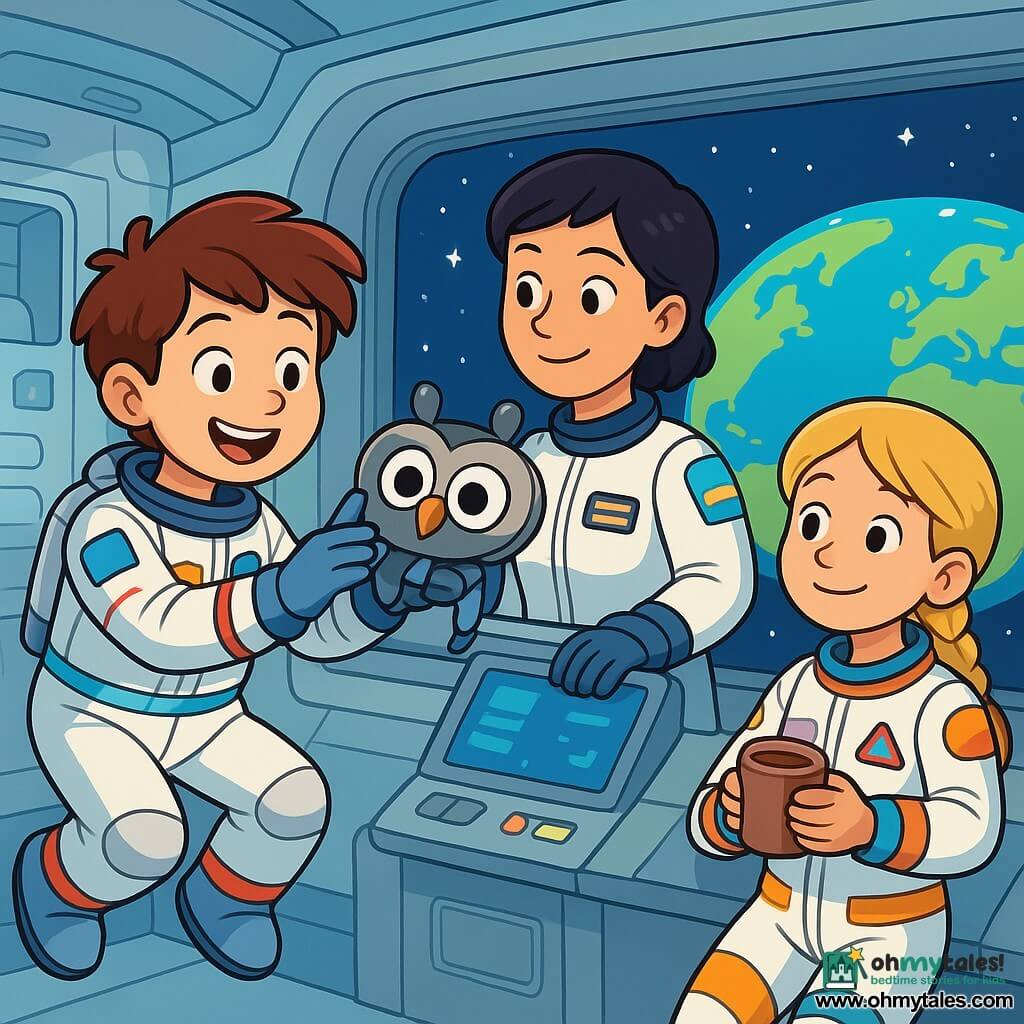 A young astronaut boy, Max, joyfully floats in the space station, smiling broadly. He wears a slightly oversized white spacesuit with colorful details and a shiny badge on his chest. His brown hair floats around him, and his eyes sparkle with excitement as he adjusts a camera robot resembling an owl. Next to him, Commander Lee, a woman in her thirties with short black hair and an encouraging gaze, closely monitors the control screen. She wears a similar spacesuit with different insignia and smiles proudly at Max. A little further away, Samira, a young girl with braided blonde hair, floats holding a cup of hot chocolate, admiring Max. She is about 10 years old and also wears a spacesuit with colorful patterns. The scene takes place inside the space station, featuring shiny metallic walls, bright lights, and windows offering a spectacular view of the blue Earth below, surrounded by twinkling stars. Max is preparing the camera to capture images of Earth, displaying a look of concentration and joy while his friends encourage him and share this incredible moment together.